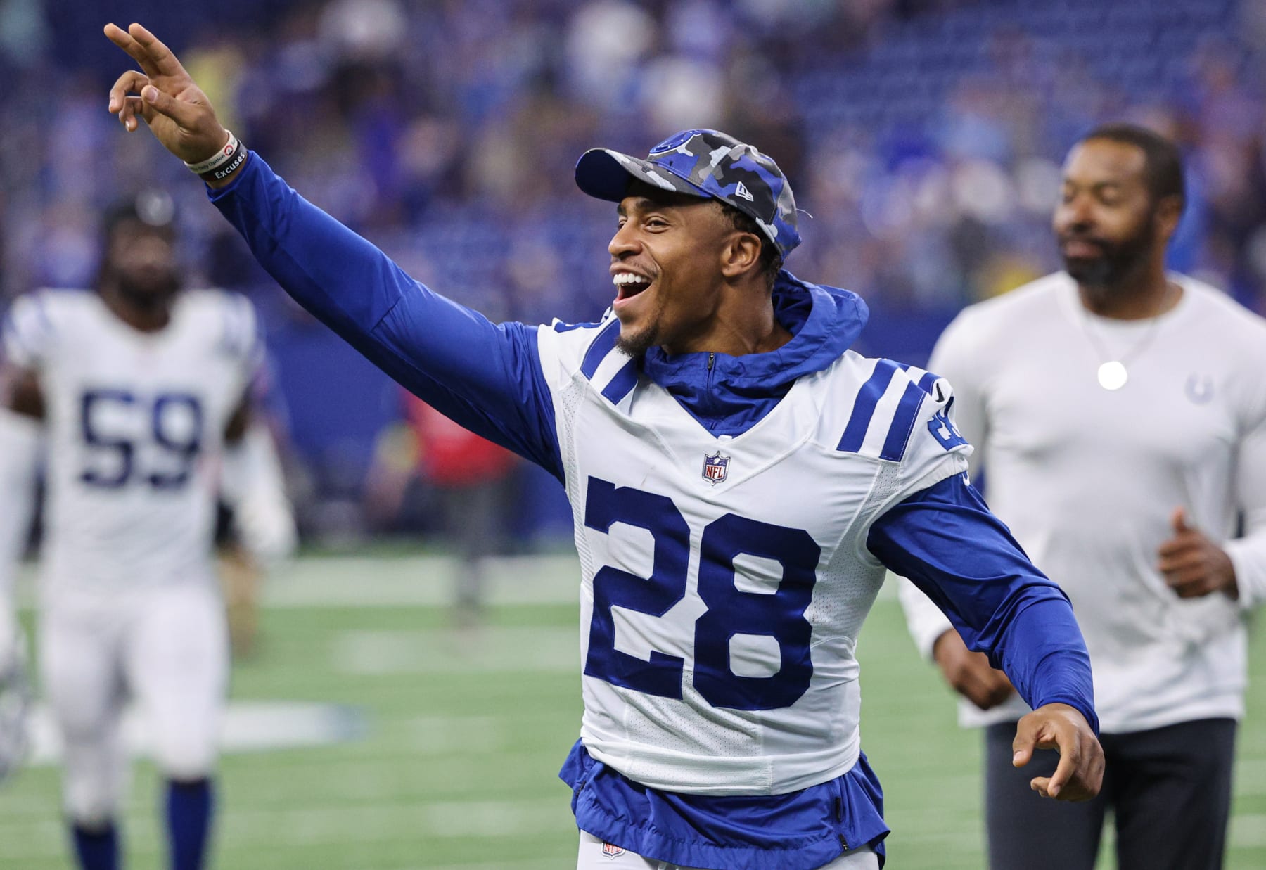 INDIANAPOLIS, IN - AUGUST 20: Jonathan Taylor #28 of Indianapolis Colts seen following the game against the Detroit Lions at Lucas Oil Stadium on August 20, 2022 in Indianapolis, Indiana. (Photo by Michael Hickey/Getty Images)