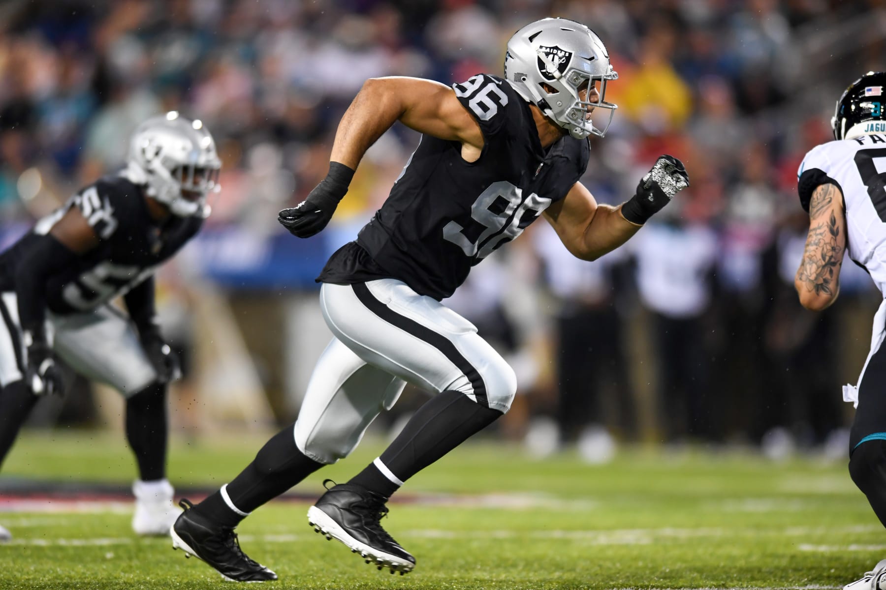CANTON, OH - AUGUST 04: Tashawn Bower #96 of the Las Vegas Raiders rushes the line of scrimmage during the first half of the 2022 Pro Football Hall of Fame Game against the Jacksonville Jaguars at Tom Benson Hall of Fame Stadium on August 04, 2022 in Canton, Ohio. (Photo by Nick Cammett/Diamond Images via Getty Images)