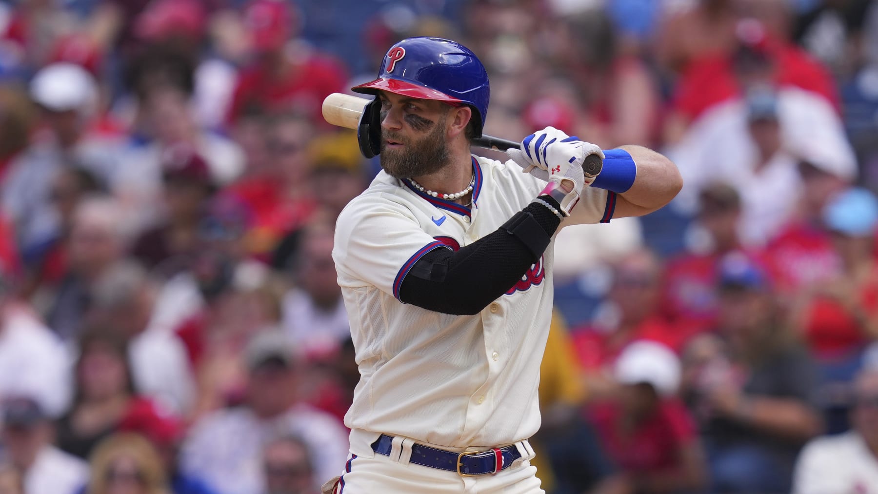 PHILADELPHIA, PA - AUGUST 28: Bryce Harper #3 of the Philadelphia Phillies bats against the Pittsburgh Pirates at Citizens Bank Park on August 28, 2022 in Philadelphia, Pennsylvania. The Pirates defeated the Phillies 5-0. (Photo by Mitchell Leff/Getty Images)
