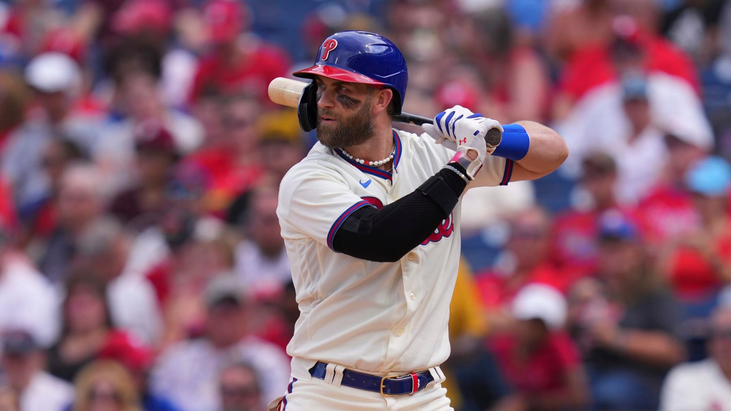 PHILADELPHIA, PA - AUGUST 28: Bryce Harper #3 of the Philadelphia Phillies bats against the Pittsburgh Pirates at Citizens Bank Park on August 28, 2022 in Philadelphia, Pennsylvania. The Pirates defeated the Phillies 5-0. (Photo by Mitchell Leff/Getty Images)