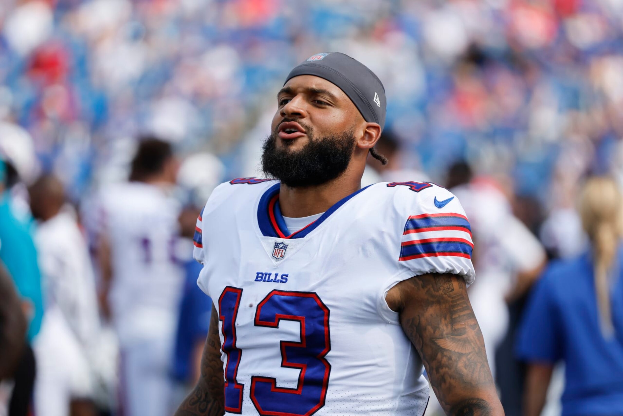 Buffalo Bills' Gabriel Davis on the sidelines during the second half of a preseason NFL football game against the Denver Broncos, Saturday, Aug. 20, 2022, in Orchard Park, N.Y. (AP Photo/Jeffrey T. Barnes)