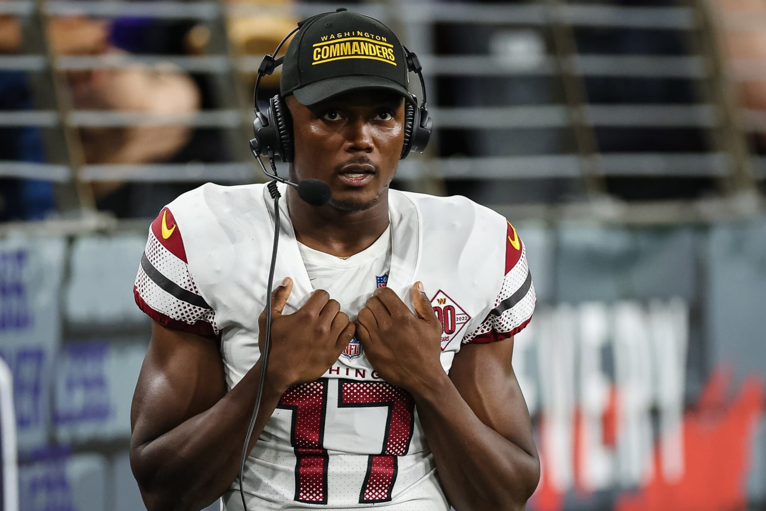 BALTIMORE, MD - AUGUST 27: Terry McLaurin #17 of the Washington Commanders is interviewed on the sidelines against the Baltimore Ravens during the first half of a preseason game at M&T Bank Stadium on August 27, 2022 in Baltimore, Maryland. (Photo by Scott Taetsch/Getty Images) BALTIMORE, MD - AUGUST 27: Terry McLaurin #17 of the Washington Commanders is interviewed on the sidelines against the Baltimore Ravens during the first half of a preseason game at M&T Bank Stadium on August 27, 2022 in Baltimore, Maryland. (Photo by Scott Taetsch/Getty Images)