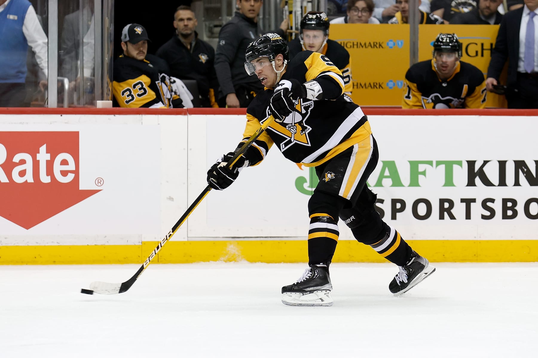 PITTSBURGH, PA - MAY 13: Evan Rodrigues #9 of the Pittsburgh Penguins passes the puck in Game Six of the First Round of the 2022 Stanley Cup Playoffs against the New York Rangers at PPG PAINTS Arena on May 13, 2022 in Pittsburgh, Pennsylvania. (Photo by Kirk Irwin/Getty Images) PITTSBURGH, PA - MAY 13: Evan Rodrigues #9 of the Pittsburgh Penguins passes the puck in Game Six of the First Round of the 2022 Stanley Cup Playoffs against the New York Rangers at PPG PAINTS Arena on May 13, 2022 in Pittsburgh, Pennsylvania. (Photo by Kirk Irwin/Getty Images)
