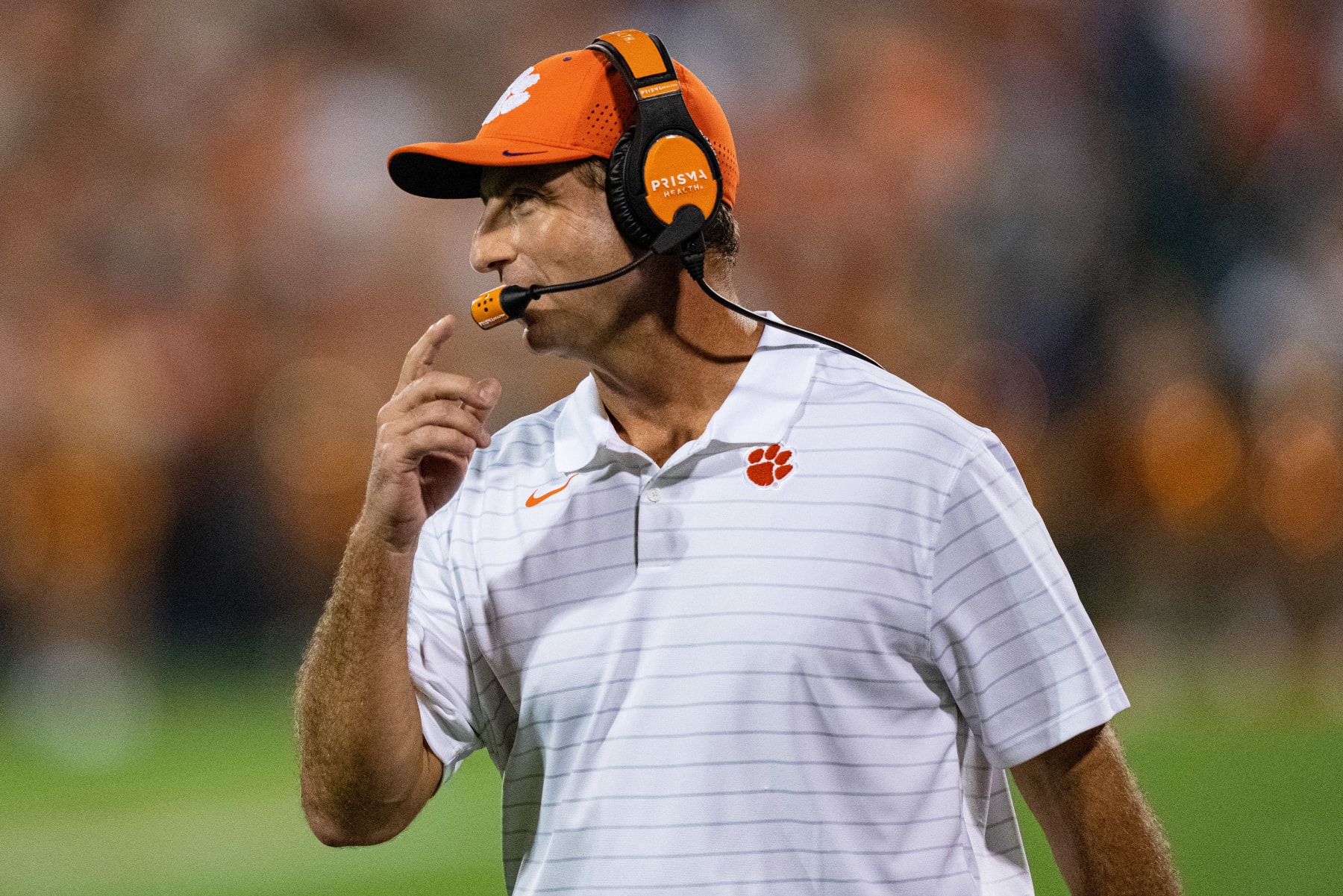 CLEMSON, SOUTH CAROLINA - OCTOBER 02: Head coach Dabo Swinney of the Clemson Tigers looks on during the second quarter of the game against the Boston College Eagles at Clemson Memorial Stadium on October 02, 2021 in Clemson, South Carolina. (Photo by Jacob Kupferman/Getty Images)