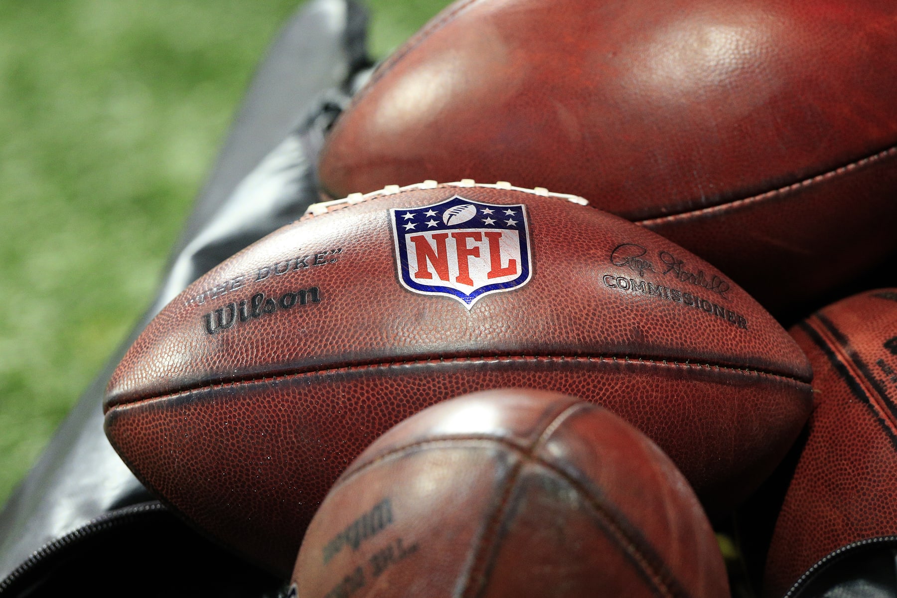 ATLANTA, GA - JANUARY 09: Official NFL footballs on the sideline before the final NFL regular season game between the Atlanta Falcions and the New Orleans Saints on January 9, 2022 at Mercedes-Benz Stadium in Atlanta, Georgia.   (Photo by David J. Griffin/Icon Sportswire via Getty Images)