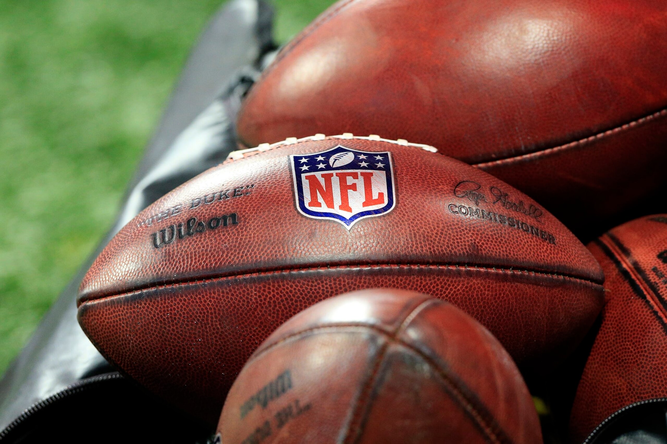 ATLANTA, GA - JANUARY 09: Official NFL footballs on the sideline before the final NFL regular season game between the Atlanta Falcions and the New Orleans Saints on January 9, 2022 at Mercedes-Benz Stadium in Atlanta, Georgia.   (Photo by David J. Griffin/Icon Sportswire via Getty Images)