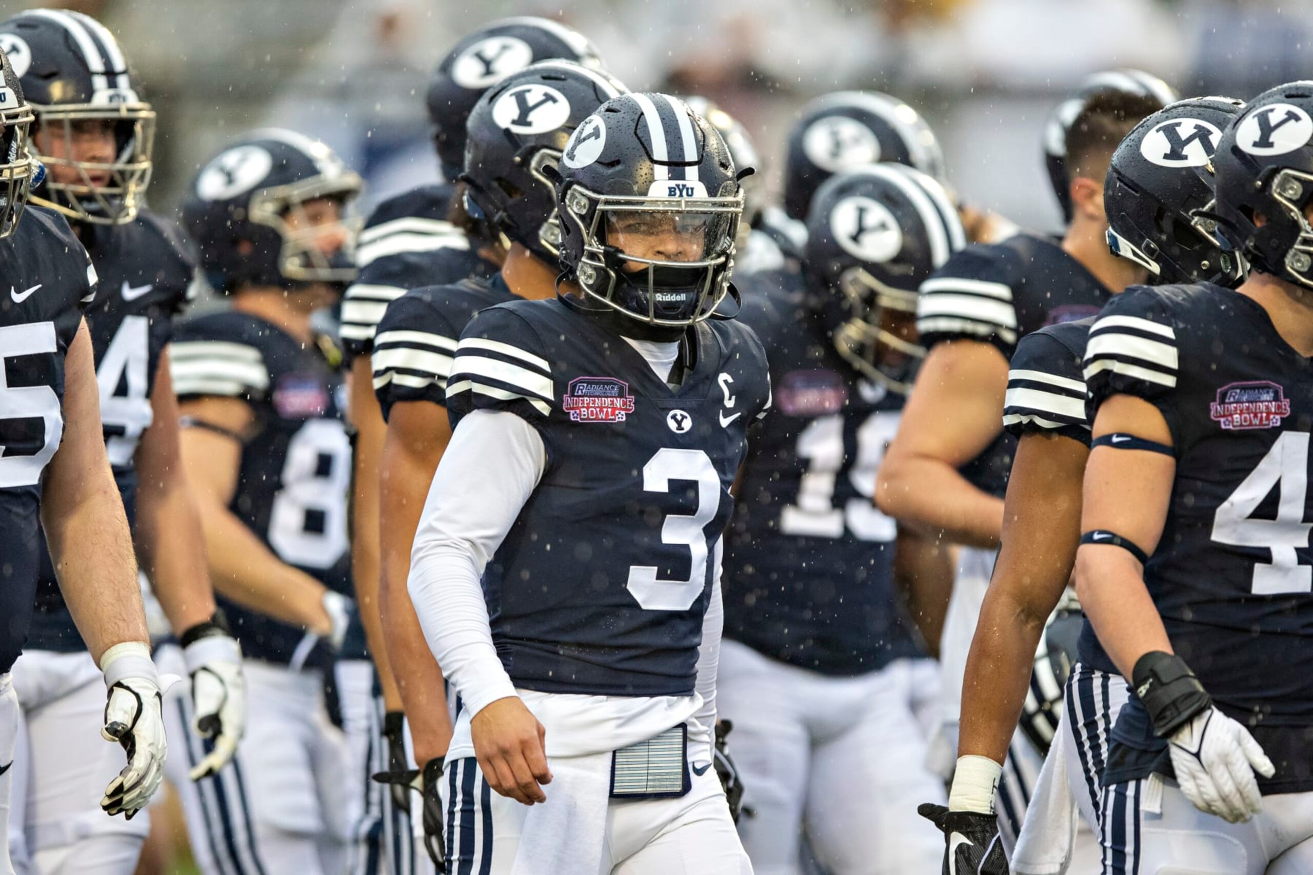SHREVEPORT, LOUISIANA - DECEMBER 18: Jaren Hall #3 of the BYU Cougars warms up before a game against the UAB Blazers during the Radiance Technologies Independence Bowl at Independence Stadium on December 18, 2021 in Shreveport, Louisiana. (Photo by Wesley Hitt/Getty Images)