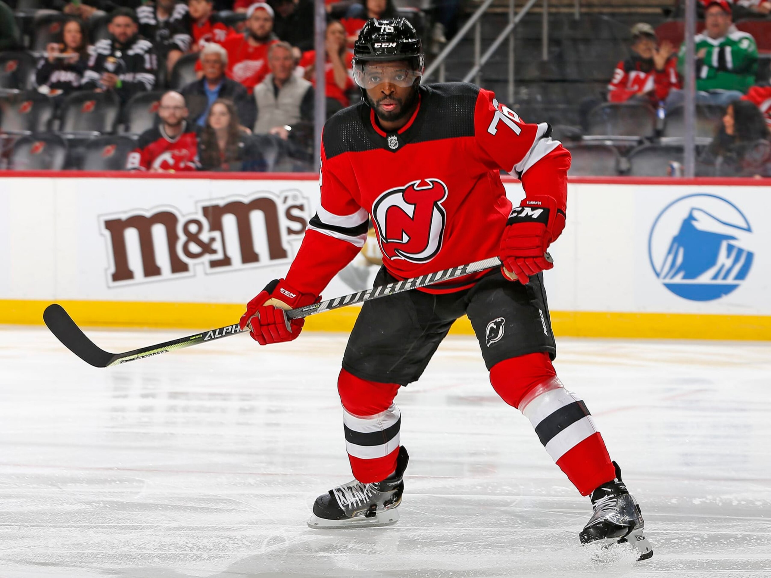NEWARK, NJ - APRIL 24: P.K. Subban #76 of the New Jersey Devils skates during the second period against the Detroit Red Wings at the Prudential Center on April 24, 2022 in Newark, New Jersey. (Photo by Christopher Pasatieri/NHLI via Getty Images)