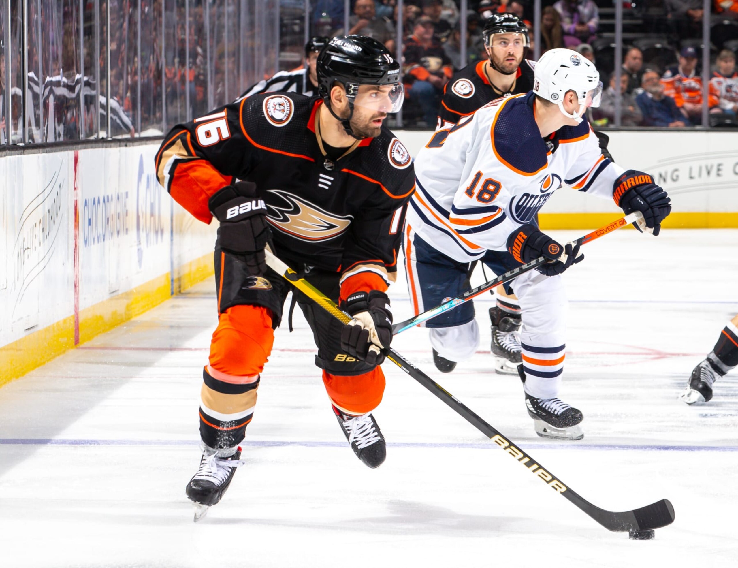 ANAHEIM, CA - APRIL 3: Zach Aston-Reese #16 of the Anaheim Ducks skates with the puck on his way to scoring a third-period goal against the Edmonton Oilers during the game at Honda Center on April 3, 2022 in Anaheim, California. (Photo by Debora Robinson/NHLI via Getty Images)