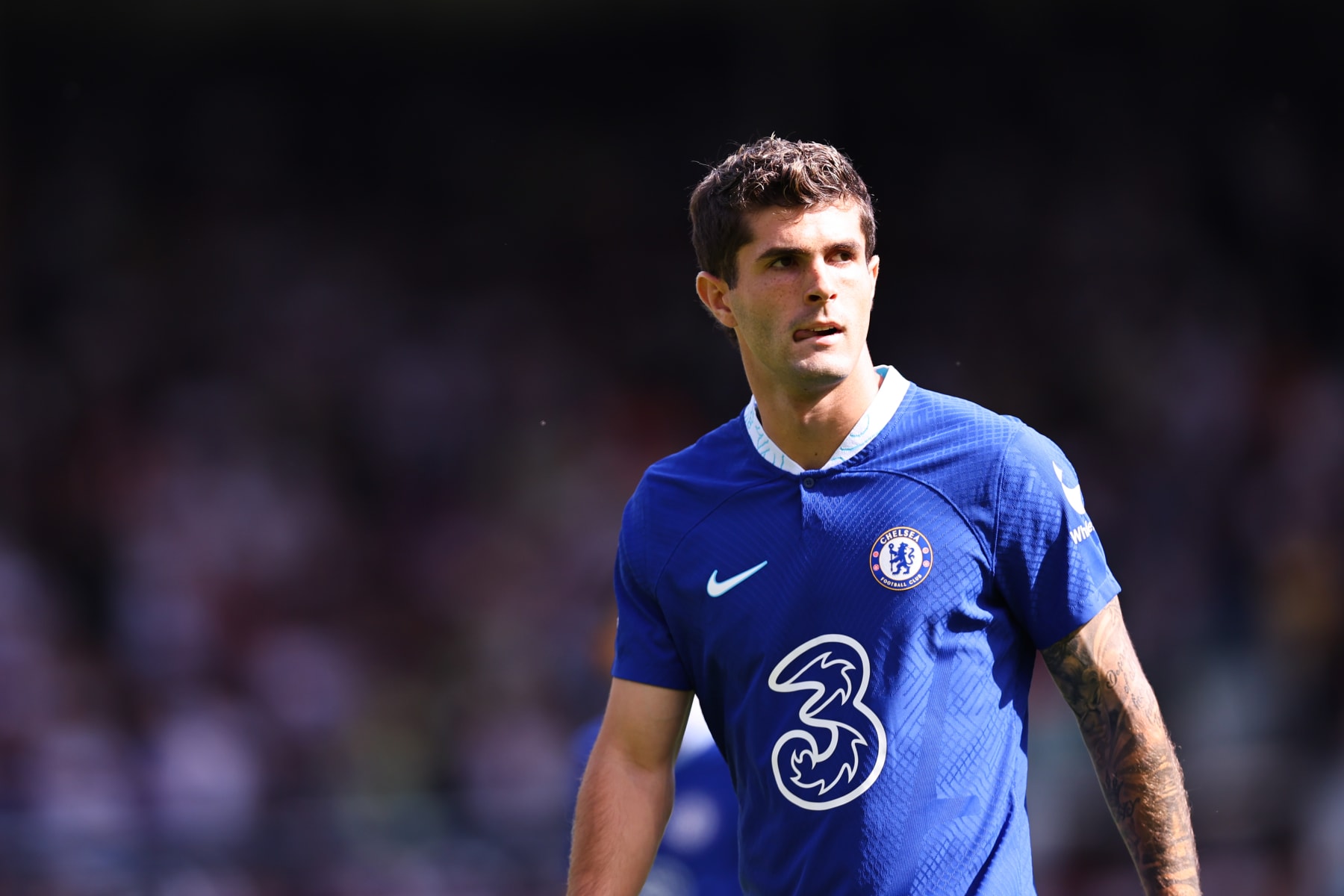 LEEDS, ENGLAND - AUGUST 21: Christian Pulisic of Chelsea  during the Premier League match between Leeds United and Chelsea FC at Elland Road on August 21, 2022 in Leeds, United Kingdom. (Photo by Robbie Jay Barratt - AMA/Getty Images)