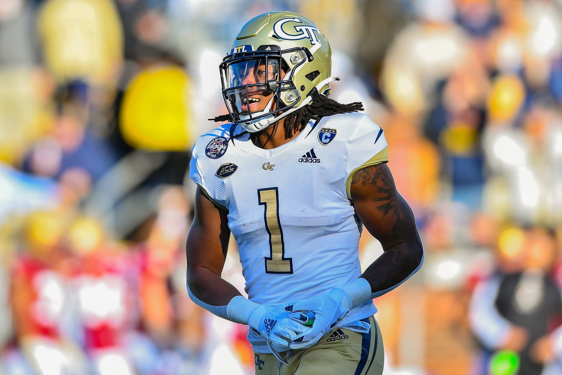 ATLANTA, GA  NOVEMBER 13:  Georgia Tech running back Jahmyr Gibbs (1) reacts after a 98-yard kickoff return during the college football game between the Boston College Eagles and the Georgia Tech Yellow Jackets on November 13th, 2021 at Bobby Dodd Stadium in Atlanta, GA.  (Photo by Rich von Biberstein/Icon Sportswire via Getty Images)