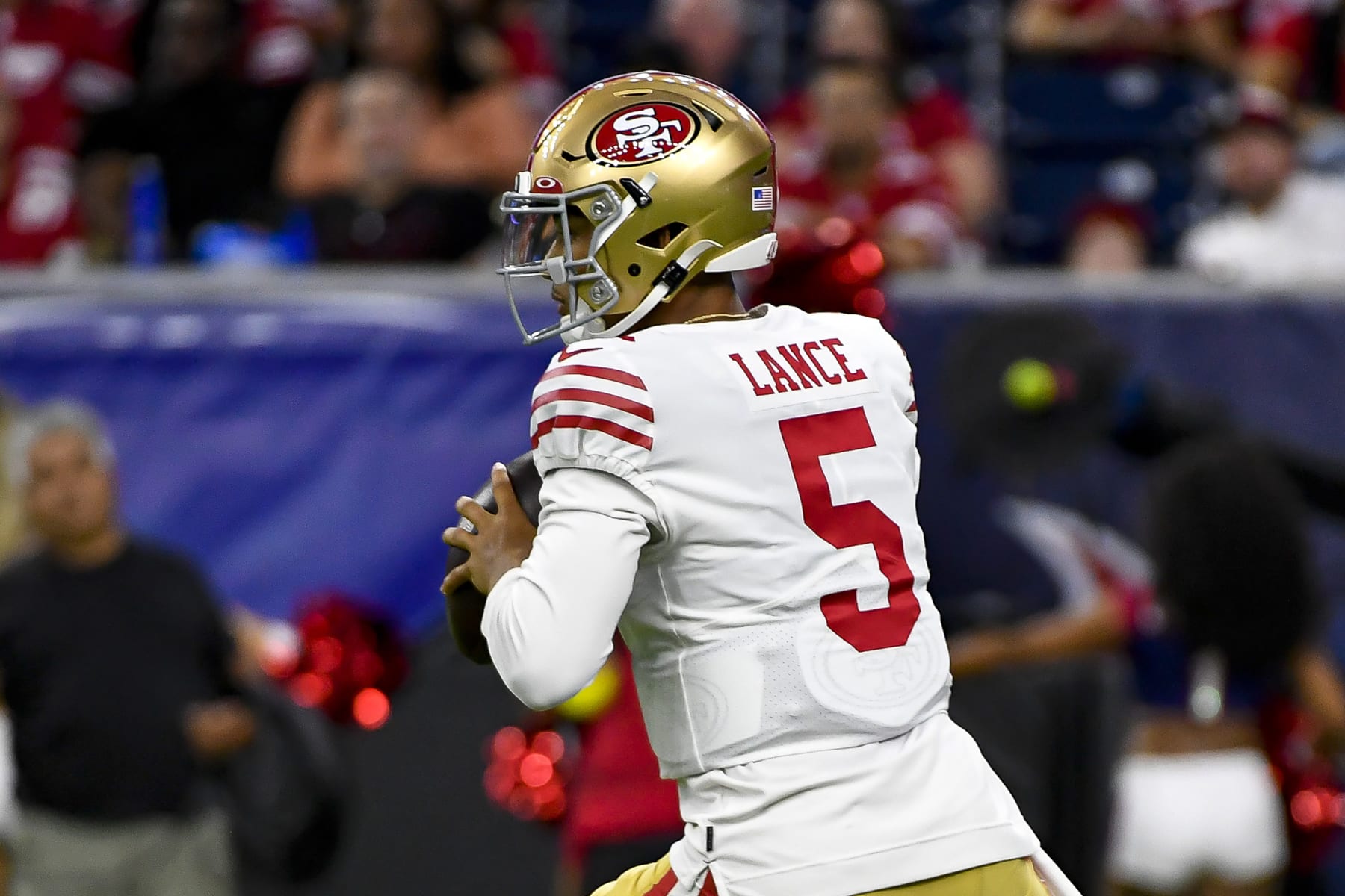 HOUSTON, TEXAS - AUGUST 25: Trey Lance #5 of the San Francisco 49ers looks to pass against the Houston Texans during a preseason game at NRG Stadium on August 25, 2022 in Houston, Texas. (Photo by Logan Riely/Getty Images)