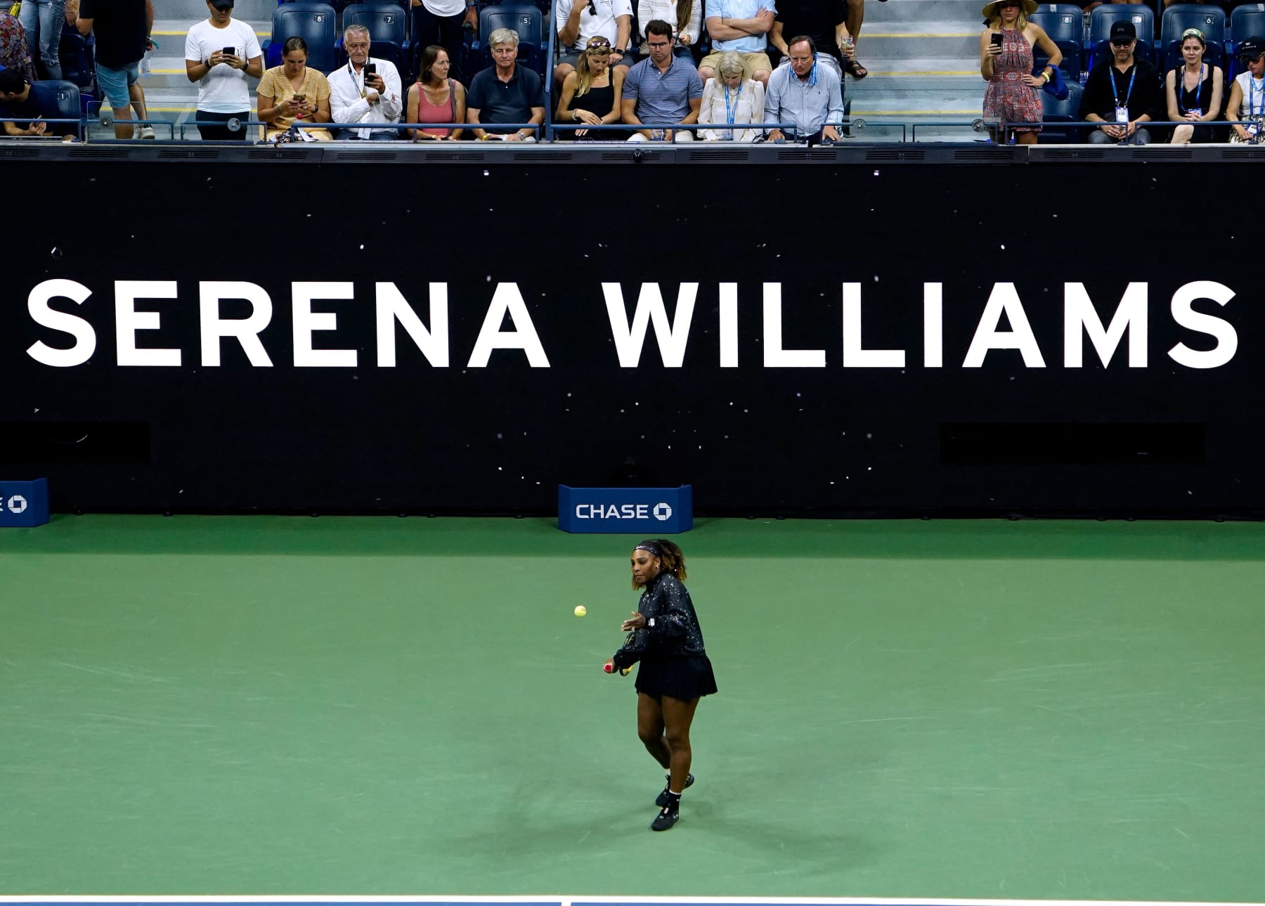US player Serena Williams warms up before playing against Montenegro's Danka Kovinic during their 2022 US Open Tennis tournament women's singles first round match at the USTA Billie Jean King National Tennis Center in New York, on August 29, 2022. - Serena Williams was set to take center stage as the US Open got under way on August 29, 2022 with the 23-time Grand Slam winner preparing to bid an emotional farewell to tennis. (Photo by TIMOTHY A. CLARY / AFP) (Photo by TIMOTHY A. CLARY/AFP via Getty Images)