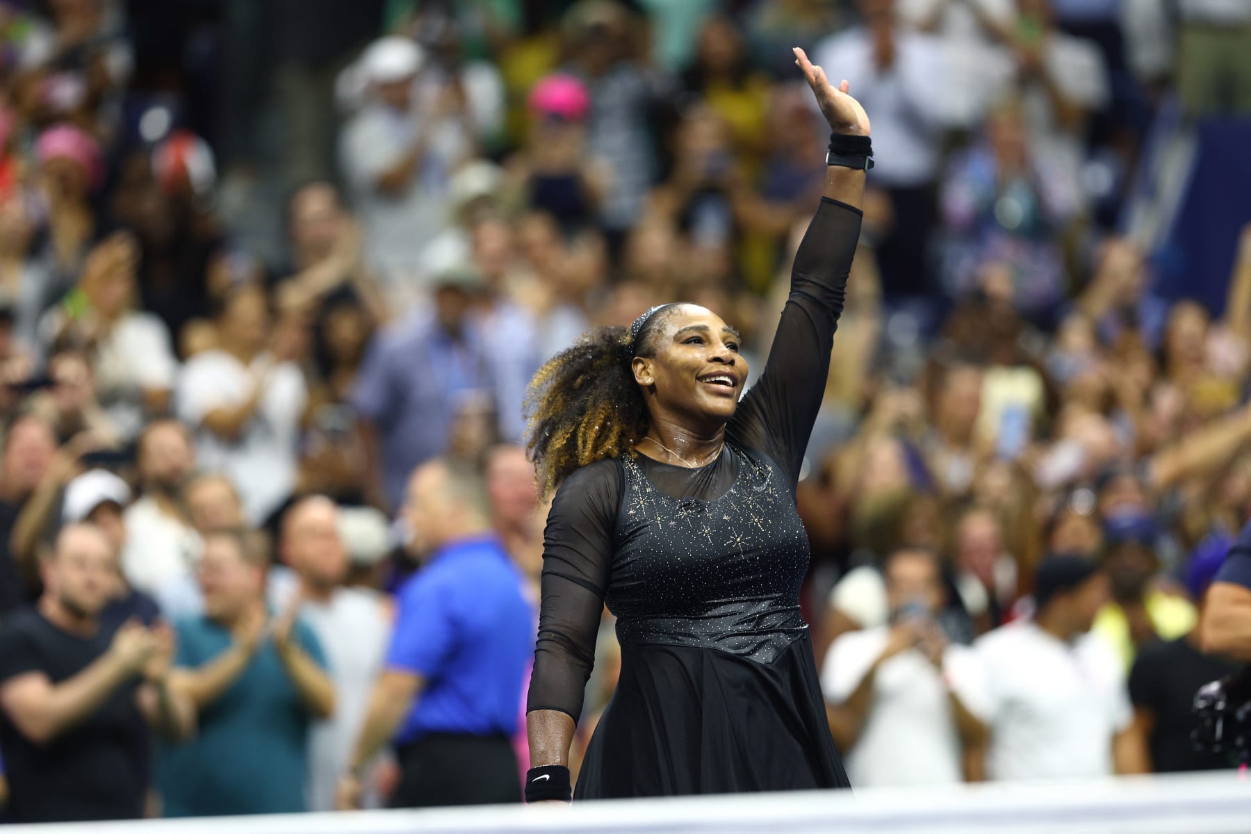 NEW YORK, NEW YORK - AUGUST 29: Serena Williams of the United States celebrates after defeating Danka Kovinic of Montenegro during the Women's Singles First Round on Day One of the 2022 US Open at USTA Billie Jean King National Tennis Center on August 29, 2022 in the Flushing neighborhood of the Queens borough of New York City. (Photo by Elsa/Getty Images)