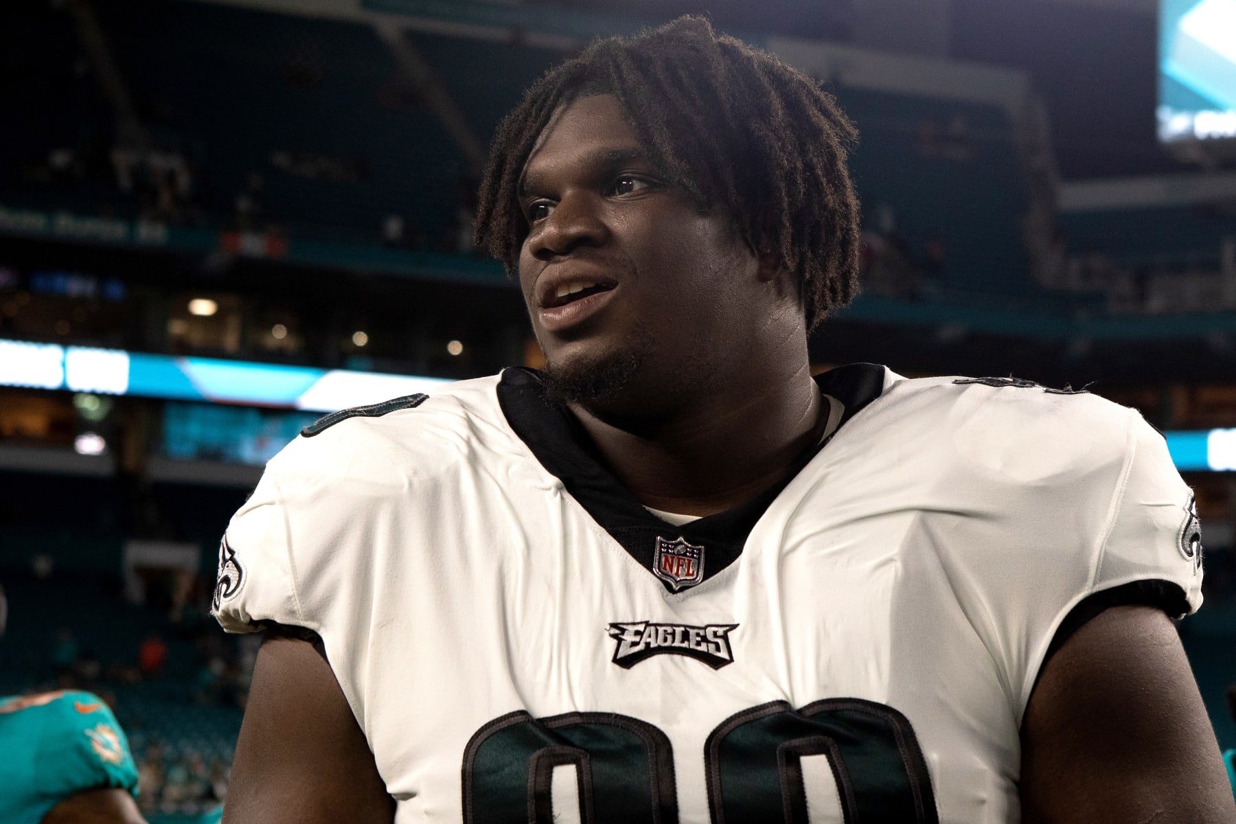 MIAMI GARDENS, FLORIDA - AUGUST 27: Jordan Davis #90 of the Philadelphia Eagles walks off the field after a game against the Miami Dolphins at Hard Rock Stadium on August 27, 2022 in Miami Gardens, Florida. (Photo by Megan Briggs/Getty Images)