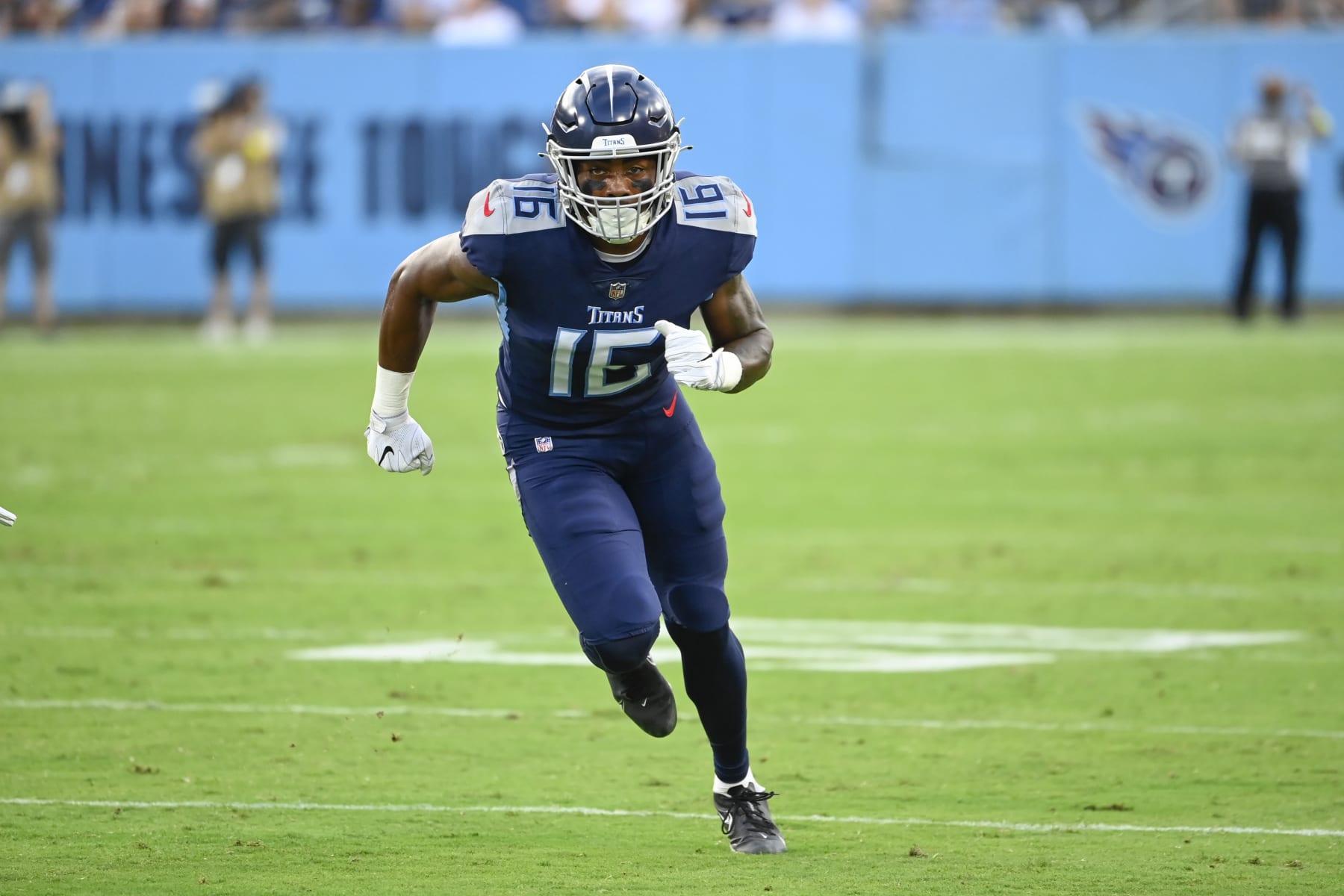 Tennessee Titans wide receiver Treylon Burks (16) plays against the Tampa Bay Buccaneers in the first half of a preseason NFL football game Saturday, Aug. 20, 2022, in Nashville, Tenn. (AP Photo/Mark Zaleski)