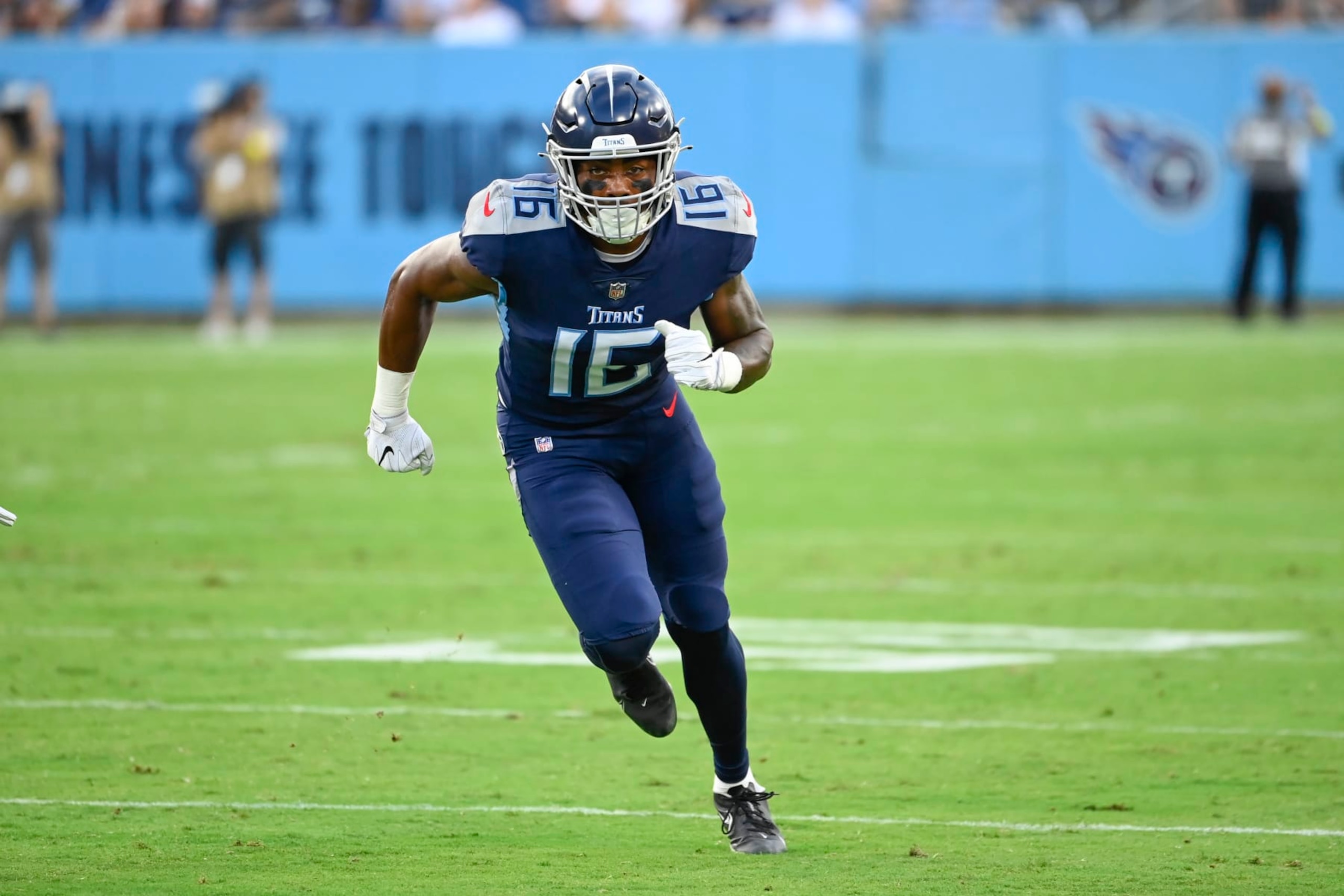 Tennessee Titans wide receiver Treylon Burks (16) plays against the Tampa Bay Buccaneers in the first half of a preseason NFL football game Saturday, Aug. 20, 2022, in Nashville, Tenn. (AP Photo/Mark Zaleski)