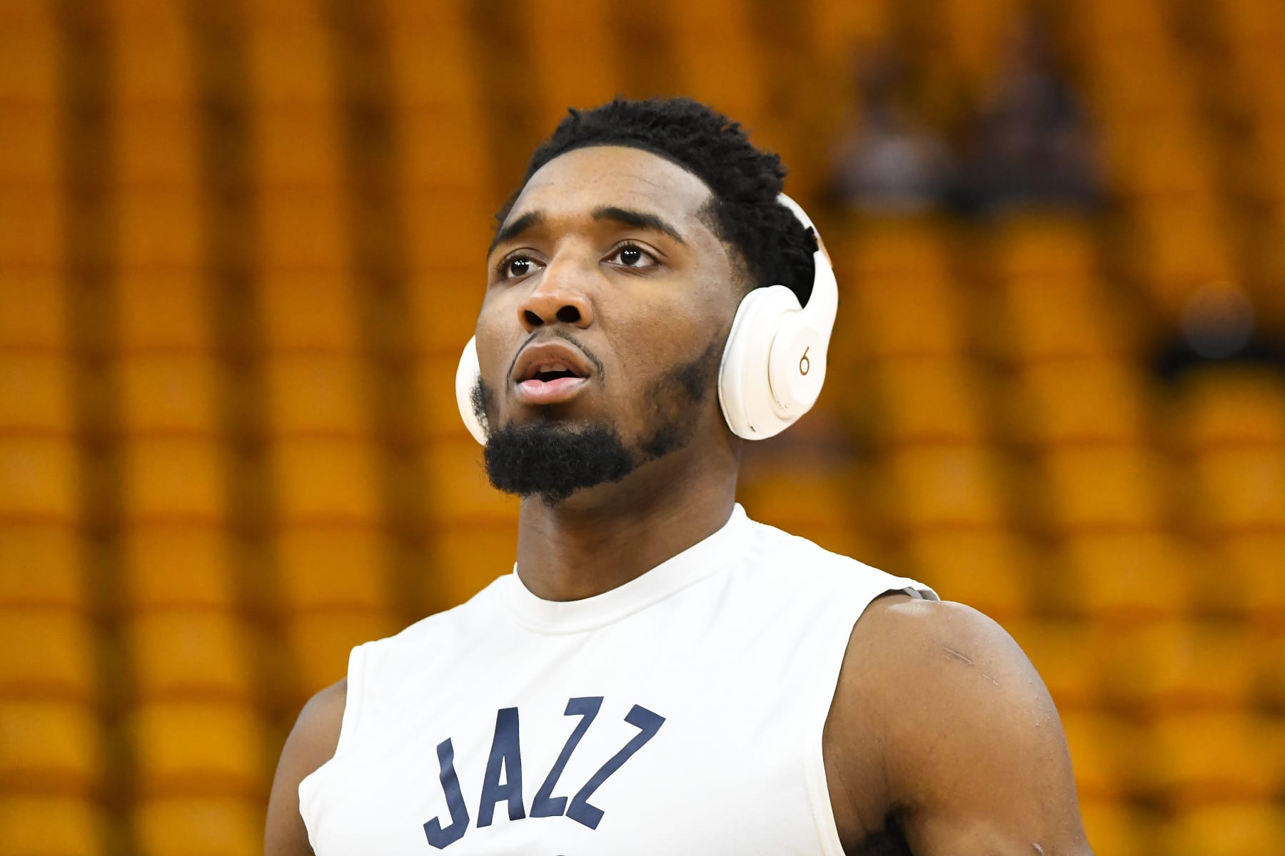 SALT LAKE CITY, UTAH - APRIL 21: Donovan Mitchell #45 of the Utah Jazz warms up before Game Three of the Western Conference First Round Playoffs against the Dallas Mavericks at Vivint Smart Home Arena on April 21, 2022 in Salt Lake City, Utah. NOTE TO USER: User expressly acknowledges and agrees that, by downloading and/or using this Photograph, user is consenting to the terms and conditions of the Getty Images License Agreement. (Photo by Alex Goodlett/Getty Images)