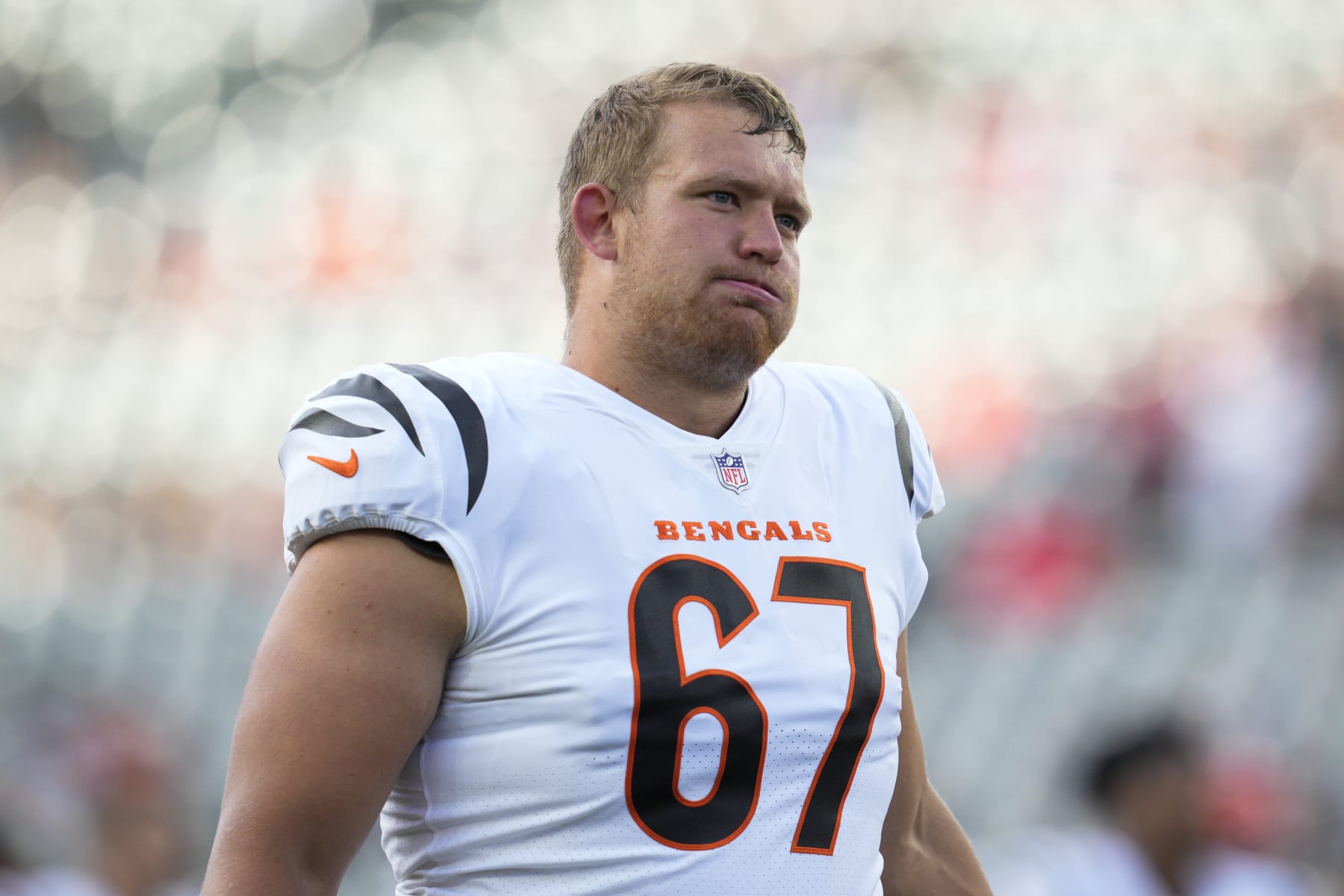 Cincinnati Bengals offensive tackle Cordell Volson (67) warms up prior to an NFL football game against the Arizona Cardinals Friday, Aug. 12, 2022, in Cincinnati. (AP Photo/Jeff Dean)
