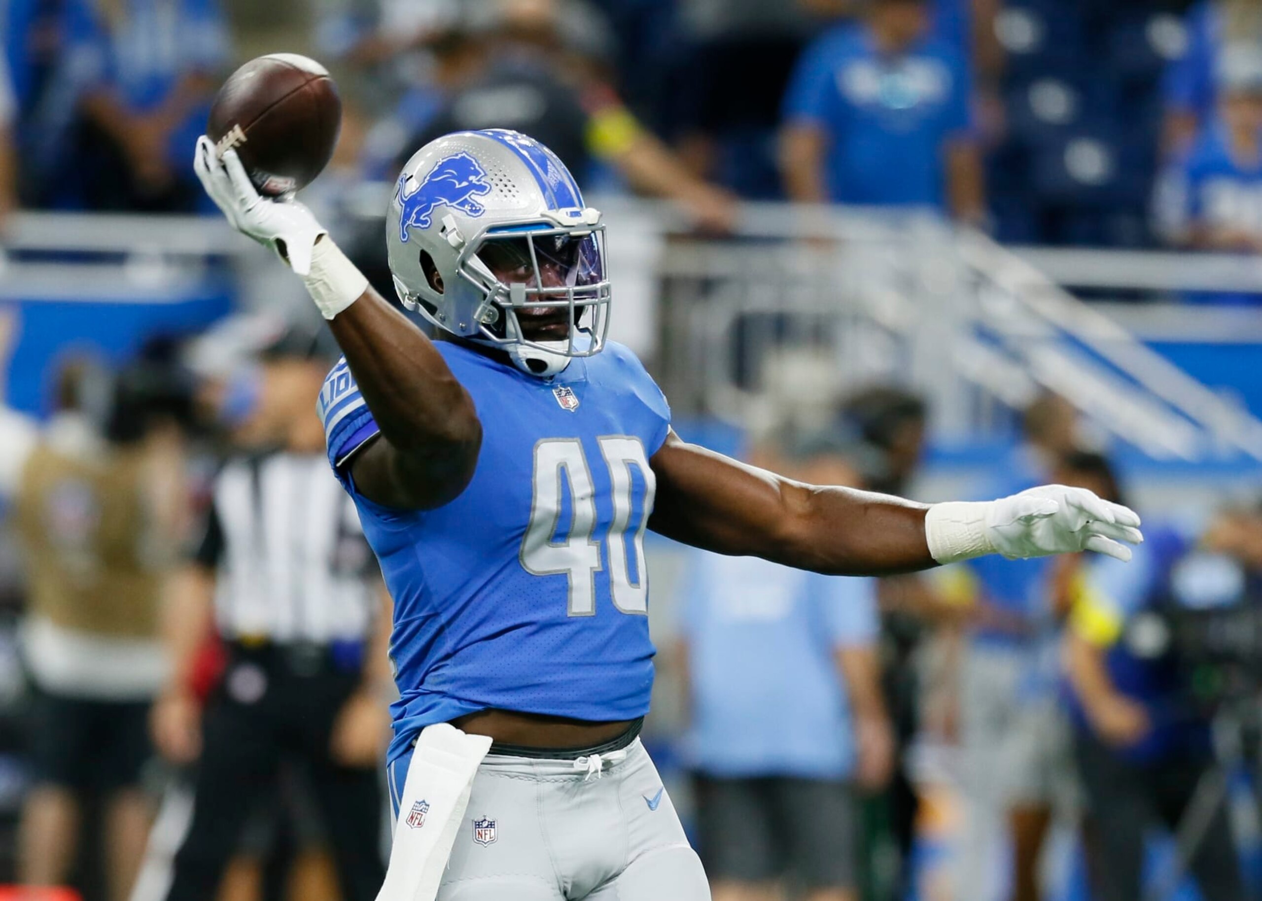 Detroit Lions linebacker Jarrad Davis (40) was up for a preseason NFL football game against the Atlanta Falcons, Friday, Aug. 12, 2022, in Detroit. (AP Photo/Duane Burleson)