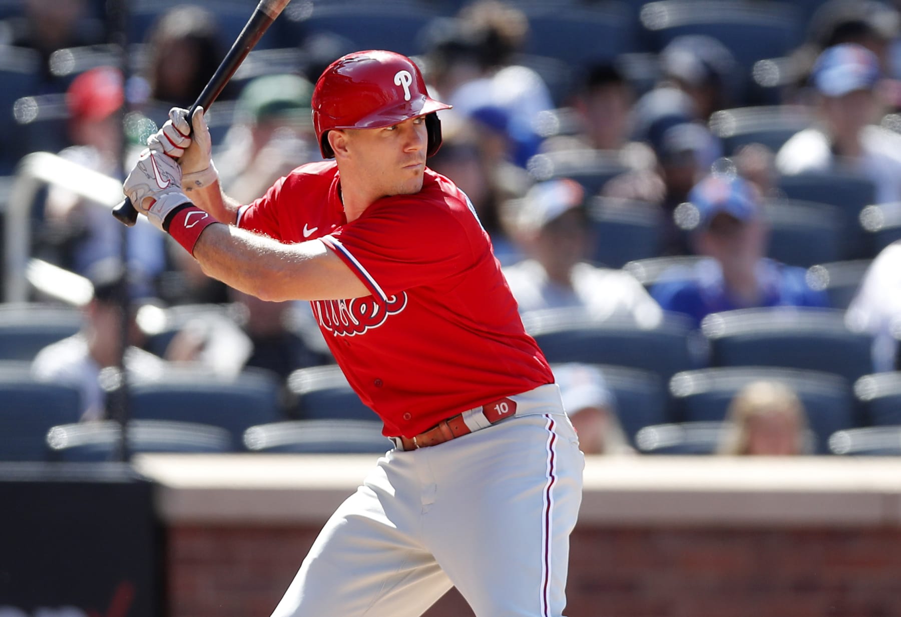 NEW YORK, NEW YORK - AUGUST 14:  J.T. Realmuto #10 of the Philadelphia Phillies in action against the New York Mets at Citi Field on August 14, 2022 in New York City. The Mets defeated the Phillies 6-0. (Photo by Jim McIsaac/Getty Images)