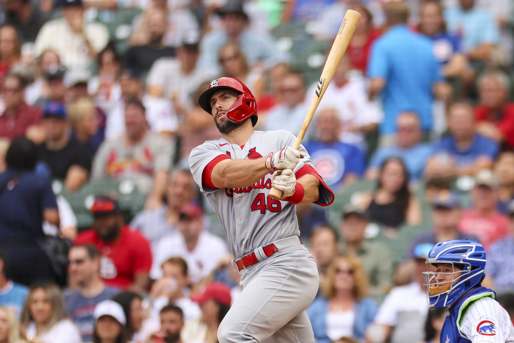 CHICAGO, IL - AUGUST 25: St. Louis Cardinals first baseman Paul Goldschmidt (46) hits a solo home run in the sixth inning during a regular season game between the St. Louis Cardinals and Chicago Cubs on August 25, 2022, at Wrigley Field in Chicago, IL. (Photo by Brandon Sloter/Icon Sportswire via Getty Images)