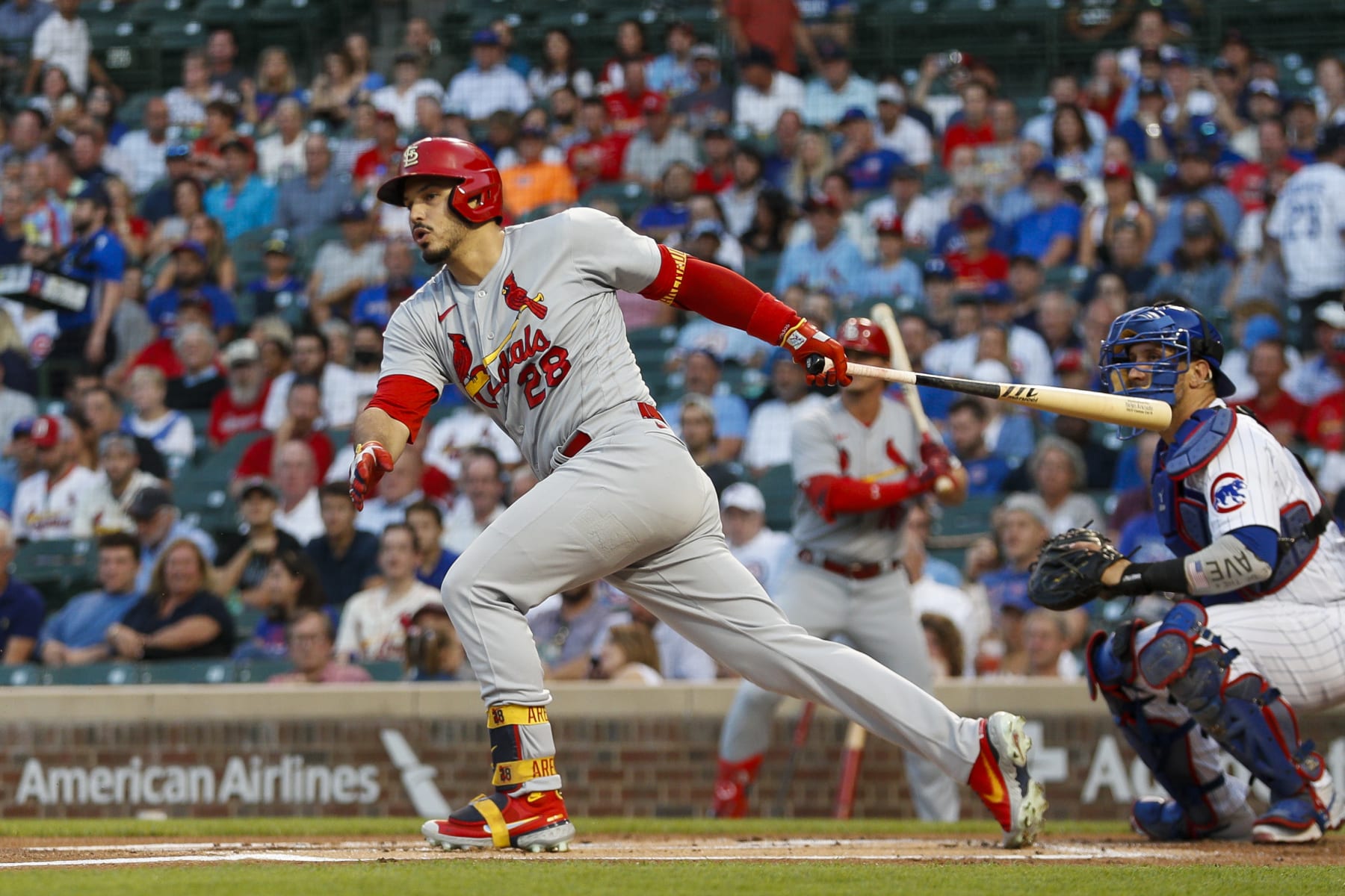 CHICAGO, IL - AUGUST 24: St. Louis Cardinals third baseman Nolan Arenado (28) tracks his ball in flight during a regular season game between the St. Louis Cardinals and Chicago Cubs on August 24, 2022, at Wrigley Field in Chicago, IL. (Photo by Brandon Sloter/Icon Sportswire via Getty Images)