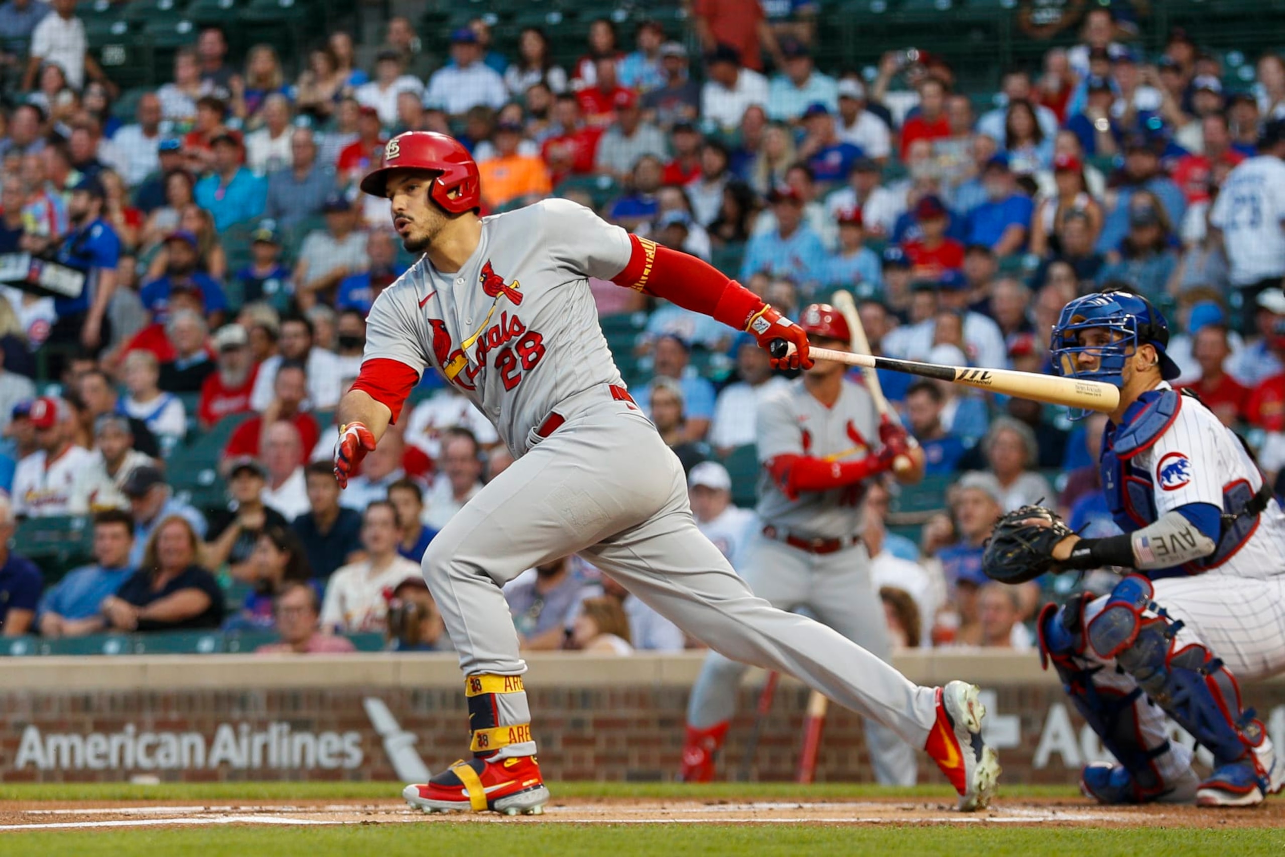 CHICAGO, IL - AUGUST 24: St. Louis Cardinals third baseman Nolan Arenado (28) tracks his ball in flight during a regular season game between the St. Louis Cardinals and Chicago Cubs on August 24, 2022, at Wrigley Field in Chicago, IL. (Photo by Brandon Sloter/Icon Sportswire via Getty Images)