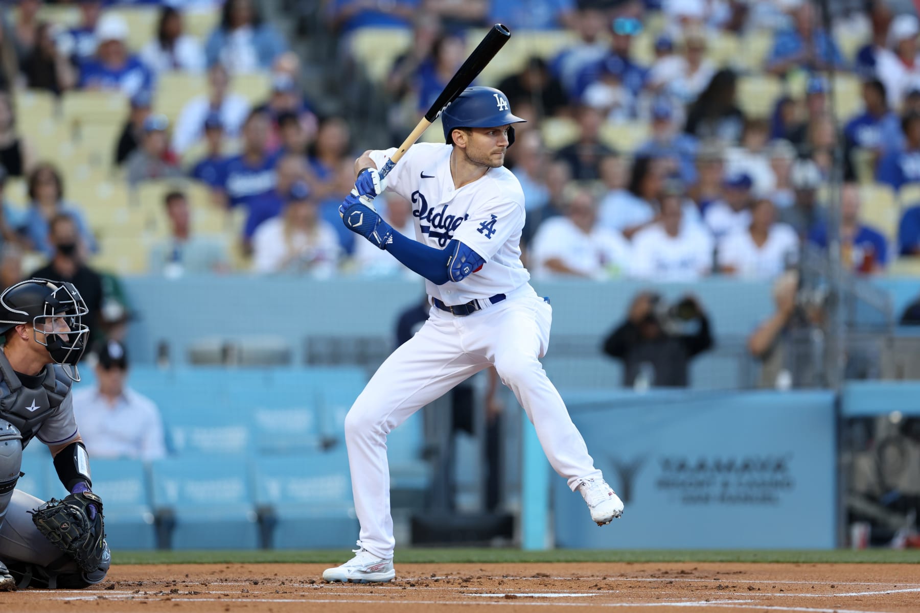 LOS ANGELES, CA - JULY 6:  Trea Turner #6 of the Los Angeles Dodgers bats during the game against the Colorado Rockies at Dodger Stadium on July 6, 2022 in Los Angeles, California. The Dodgers defeated the Rockies 2-1. (Photo by Rob Leiter/MLB Photos via Getty Images)