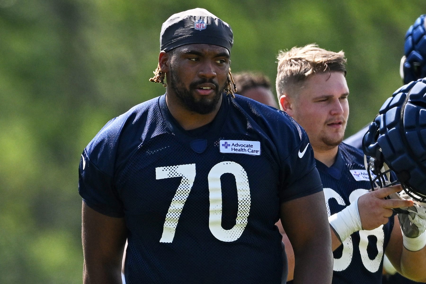 LAKE FOREST, IL - JULY 27: Chicago Bears offensive linemen Braxton Jones (70) looks on during the Chicago Bears Training Camp on July 27, 2022 at Halas Hall in Lake Forest, IL. (Photo by Robin Alam/Icon Sportswire via Getty Images)