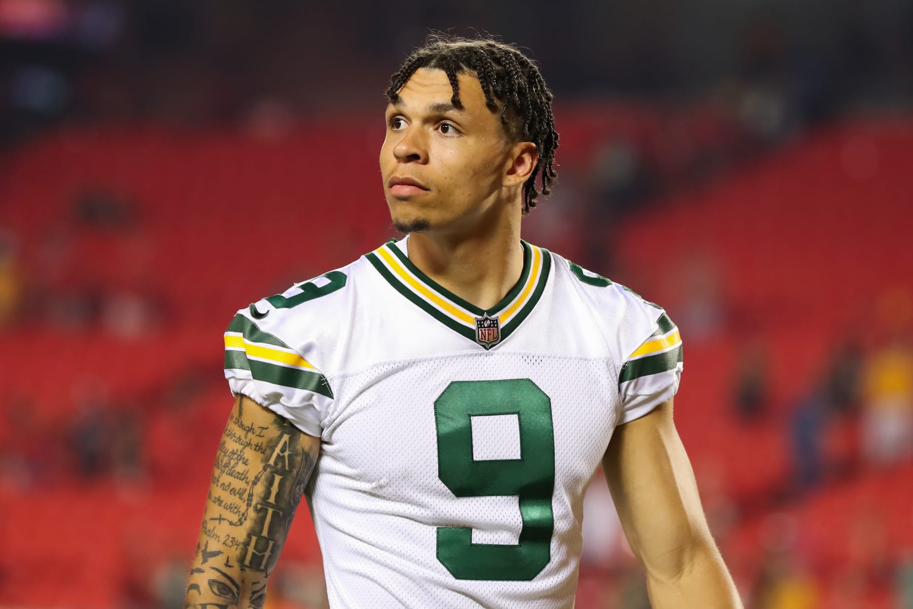 KANSAS CITY, MO - AUGUST 25: Green Bay Packers wide receiver Christian Watson (9) after an NFL preseason game between the Green Bay Packers and Kansas City Chiefs on August 25, 2022 at GEHA Field at Arrowhead Stadium in Kansas City, MO. (Photo by Scott Winters/Icon Sportswire via Getty Images)