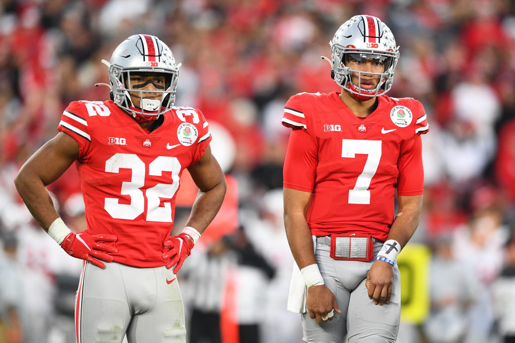 PASADENA, CA - JANUARY 01: Ohio State Buckeyes running back TreVeyon Henderson (32) and Ohio State Buckeyes quarterback C.J. Stroud (7) look on during the Rose Bowl game between the Ohio State Buckeyes and the Utah Utes on January 1, 2022 at the Rose Bowl in Pasadena, CA. (Photo by Brian Rothmuller/Icon Sportswire via Getty Images)