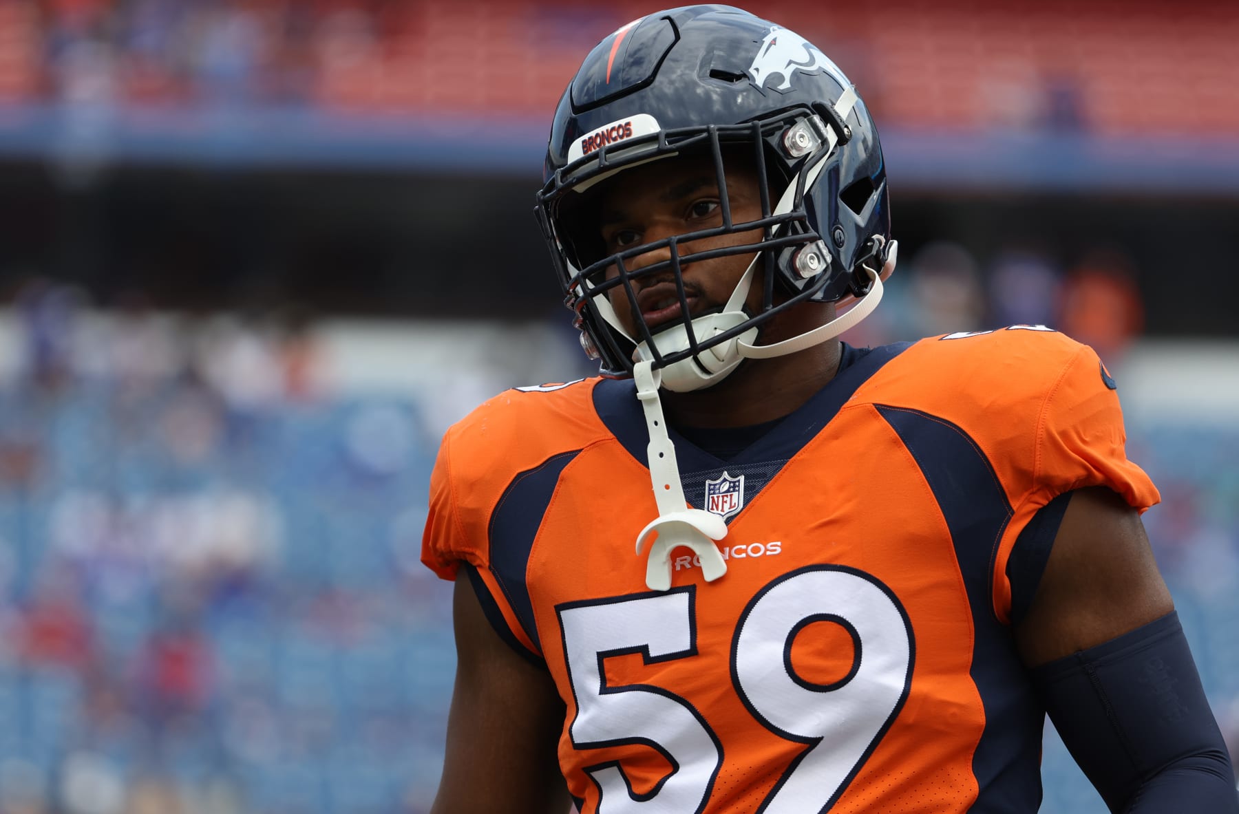 ORCHARD PARK, NY - AUGUST 20: Malik Reed #59 of the Denver Broncos before a preseason game against the Buffalo Bills at Highmark Stadium on August 20, 2022 in Orchard Park, New York. (Photo by Timothy T Ludwig/Getty Images)