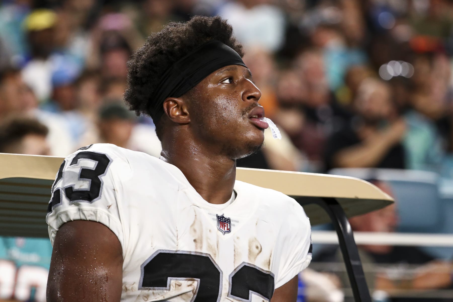 MIAMI GARDENS, FL - AUGUST 20: Kenyan Drake #23 of the Las Vegas Raiders looks on during a preseason NFL football game against the Miami Dolphins at Hard Rock Stadium on August 20, 2022 in Miami Gardens, Florida. (Photo by Kevin Sabitus/Getty Images)