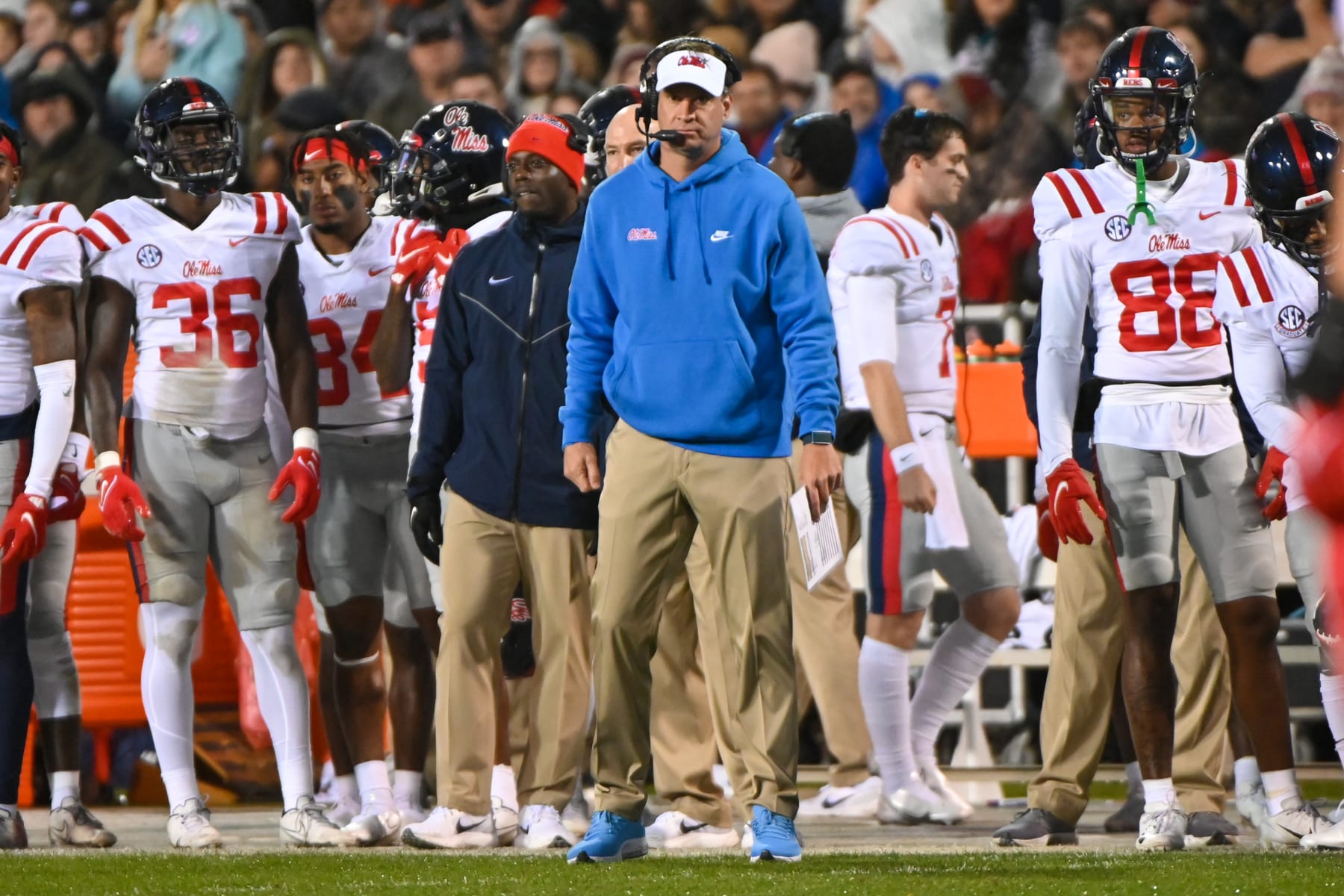 STARKVILLE, MS - NOVEMBER 25: Ole' Miss head coach Lane Kiffin on the sidelines during during the NCAA football game between the Ole' Miss Rebels and the Mississippi State Bulldogs at Davis Wade Stadium in Starkville, MS. (Photo by Kevin Langley/Icon Sportswire via Getty Images)