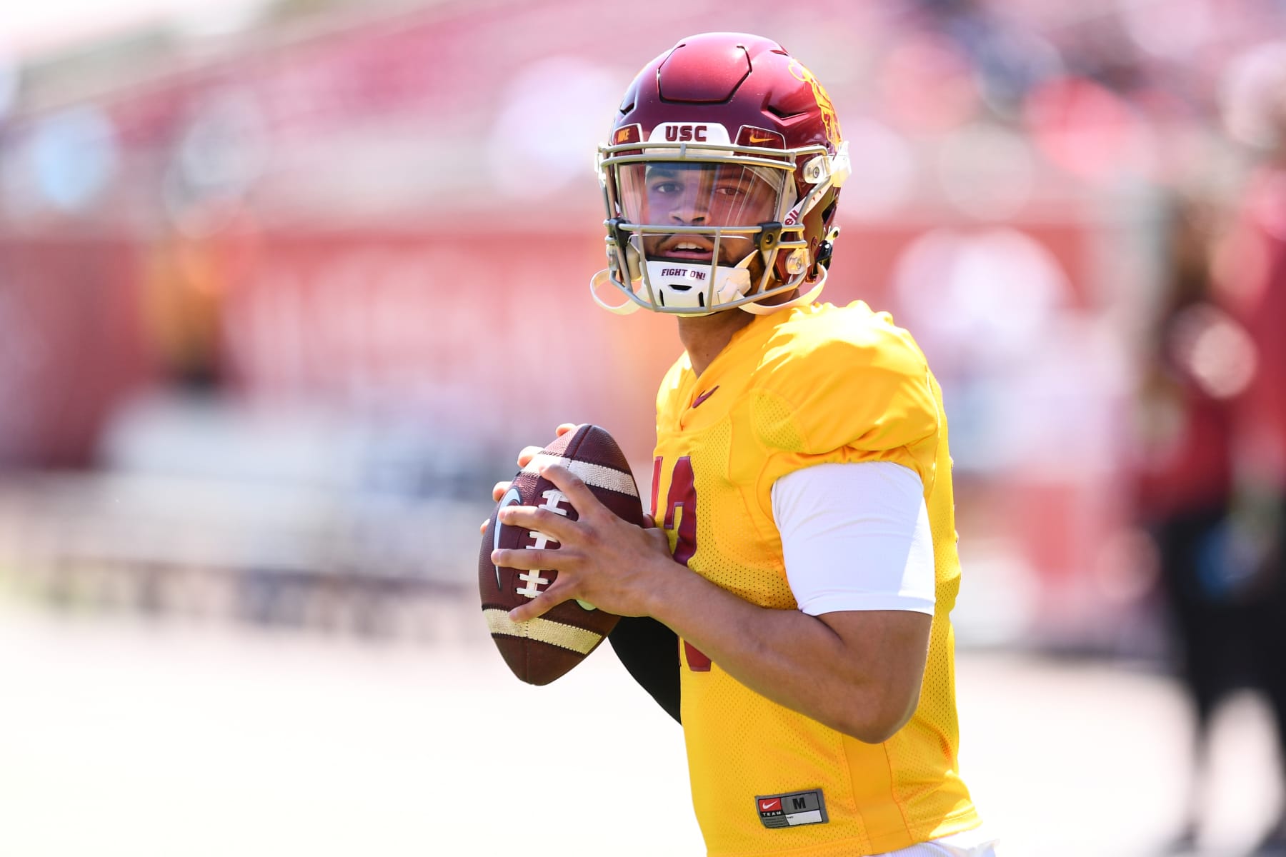 LOS ANGELES, CA - APRIL 23: USC Trojans quarterback Caleb Williams (13) warms up before USC Trojans Spring Game on April 23, 2022, at Los Angeles Memorial Coliseum in Los Angeles, CA. (Photo by Brian Rothmuller/Icon Sportswire via Getty Images)
