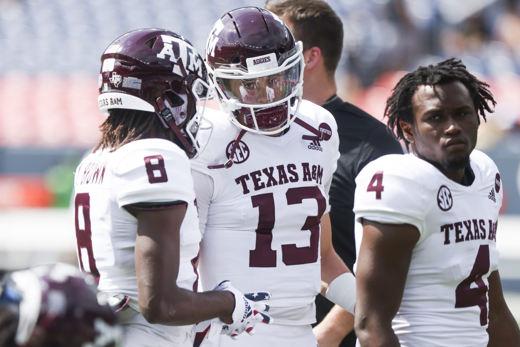 DENVER, CO - SEPTEMBER 11: Haynes King #13 of the Texas A&M Aggies warms up before playing the Colorado Buffaloes at Empower Field At Mile High on September 11, 2021 in Denver, Colorado. (Photo by Michael Ciaglo/Getty Images)