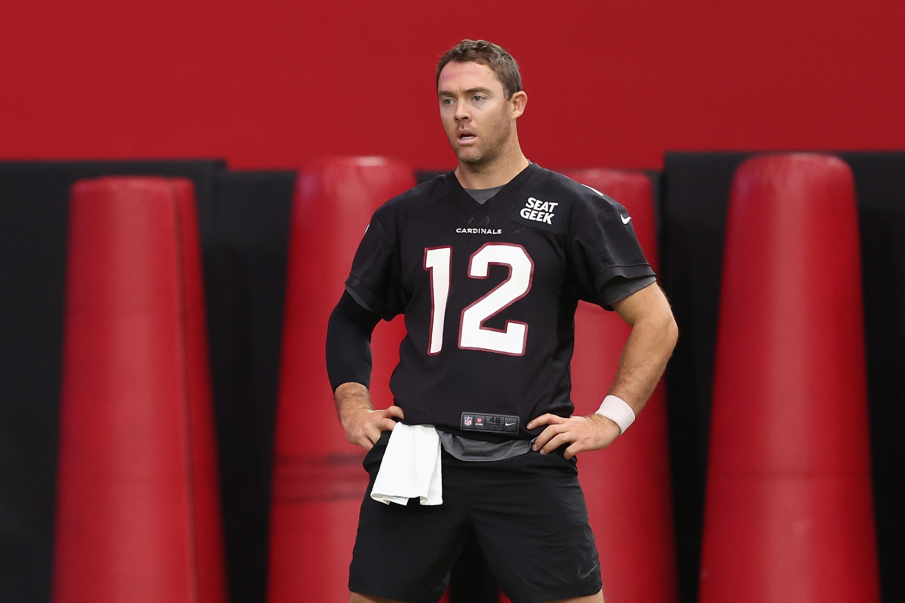 GLENDALE, ARIZONA - AUGUST 03: Quarterback Colt McCoy #12 of the Arizona Cardinals participants in a team training camp at State Farm Stadium on August 03, 2022 in Glendale, Arizona. (Photo by Christian Petersen/Getty Images)