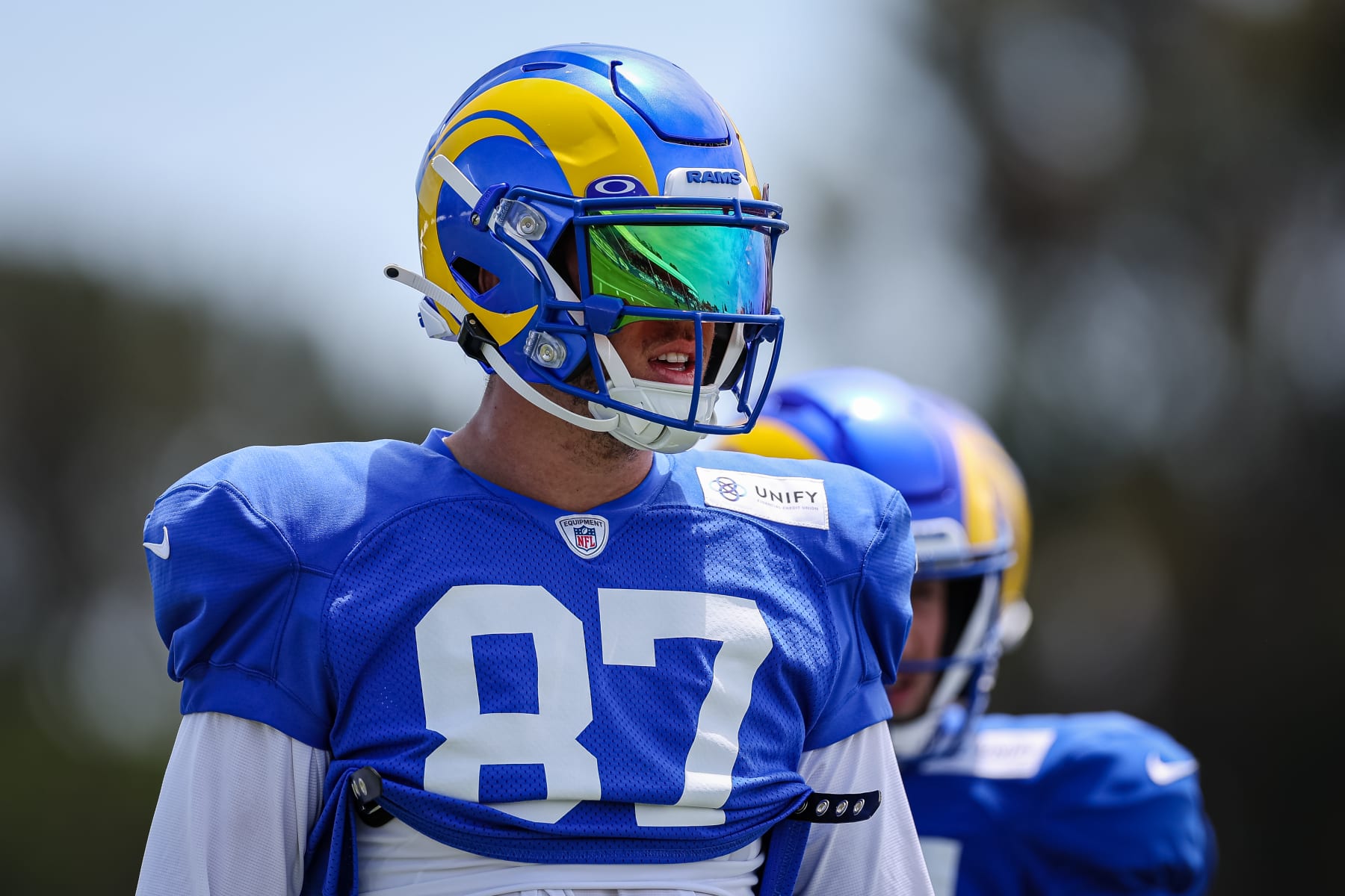 IRVINE, CA - JULY 29: Jacob Harris #87 of the Los Angeles Rams participates in a drill during training camp at University of California Irvine on July 29, 2022 in Irvine, California. (Photo by Scott Taetsch/Getty Images)