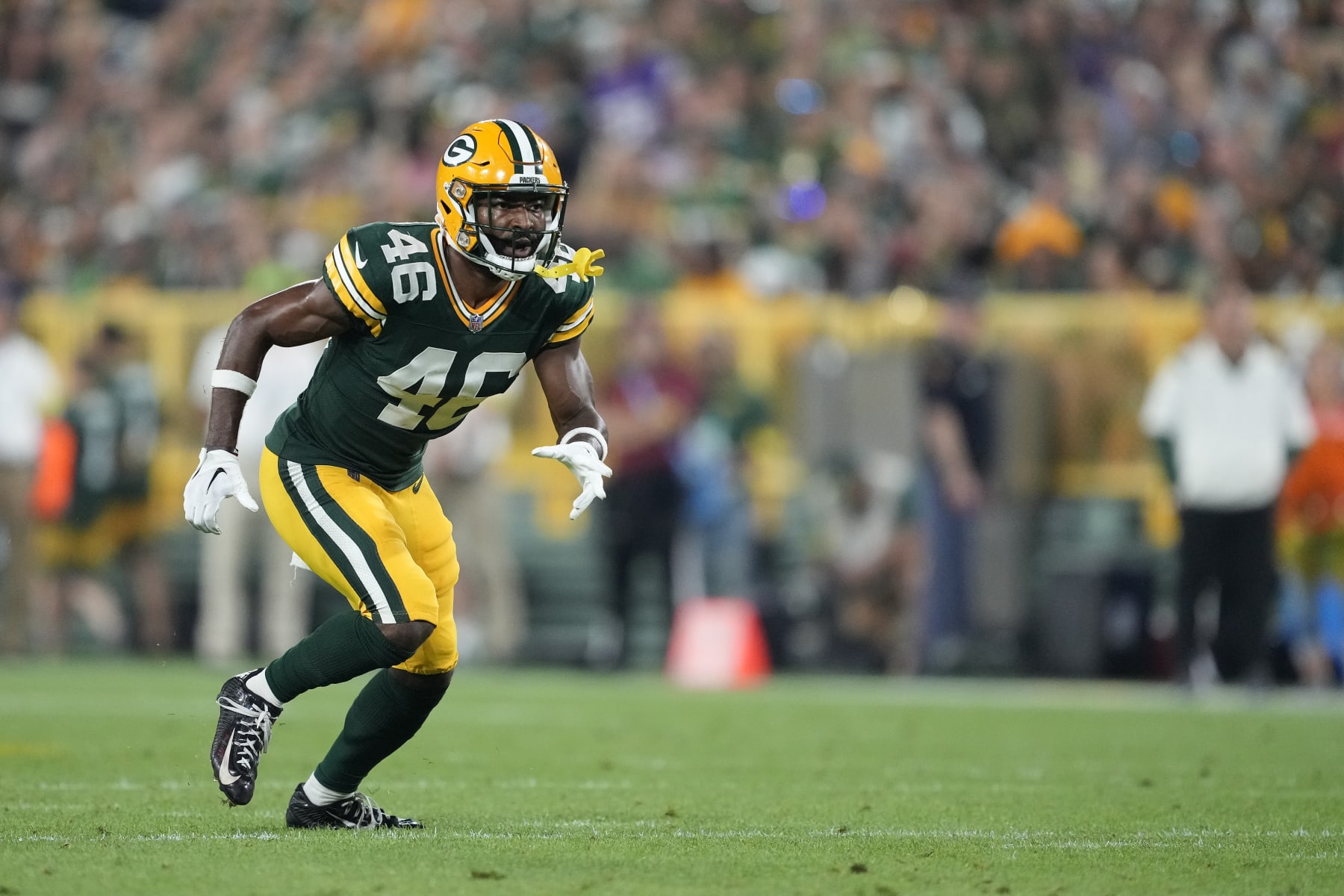 GREEN BAY, WISCONSIN - AUGUST 19: Micah Abernathy #46 of the Green Bay Packers in action against the New Orleans Saints in the second half during a preseason game at Lambeau Field on August 19, 2022 in Green Bay, Wisconsin. (Photo by Patrick McDermott/Getty Images)