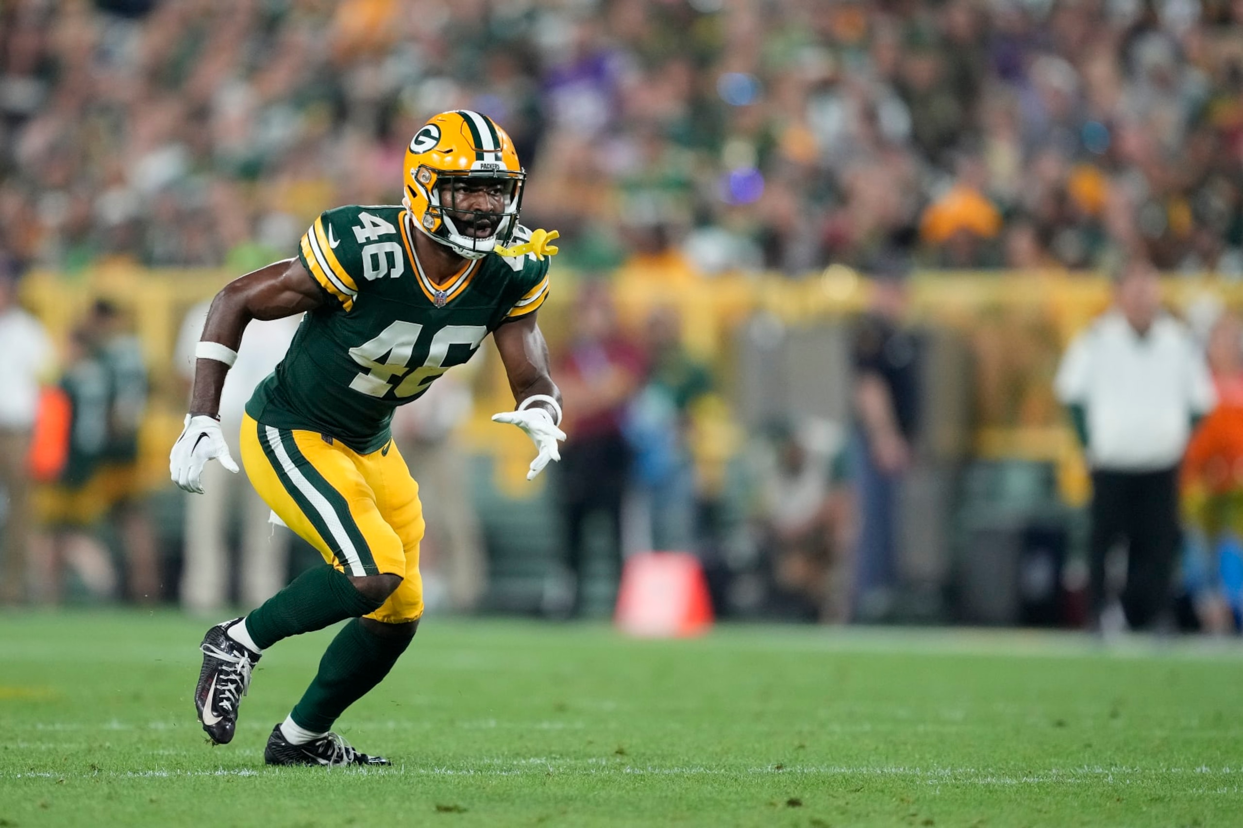 GREEN BAY, WISCONSIN - AUGUST 19: Micah Abernathy #46 of the Green Bay Packers in action against the New Orleans Saints in the second half during a preseason game at Lambeau Field on August 19, 2022 in Green Bay, Wisconsin. (Photo by Patrick McDermott/Getty Images)