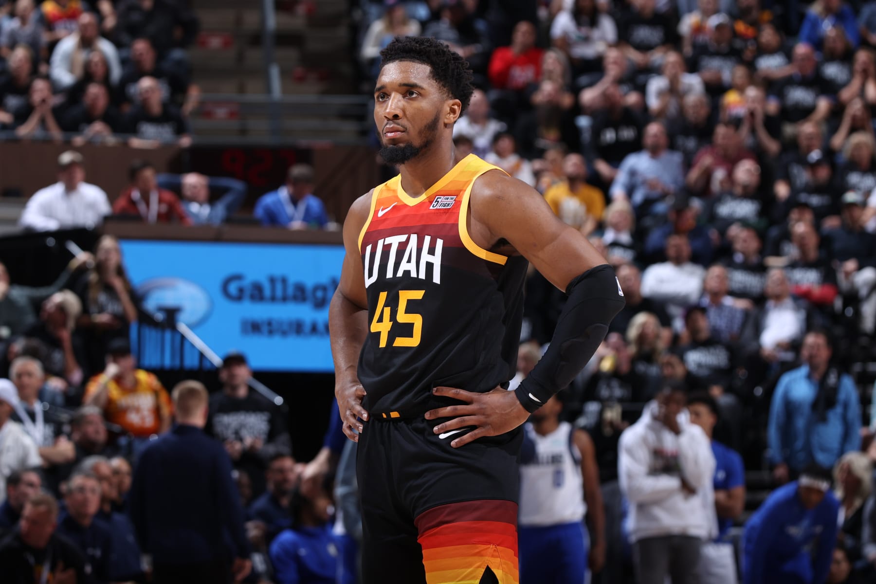SALT LAKE CITY, UT - APRIL 28: Donovan Mitchell #45 of the Utah Jazz looks on during Round 1 Game 6 of the 2022 NBA Playoffs against the Dallas Mavericks on April 28, 2022 at vivint.SmartHome Arena in Salt Lake City, Utah. NOTE TO USER: User expressly acknowledges and agrees that, by downloading and or using this Photograph, User is consenting to the terms and conditions of the Getty Images License Agreement. Mandatory Copyright Notice: Copyright 2022 NBAE (Photo by Melissa Majchrzak/NBAE via Getty Images)