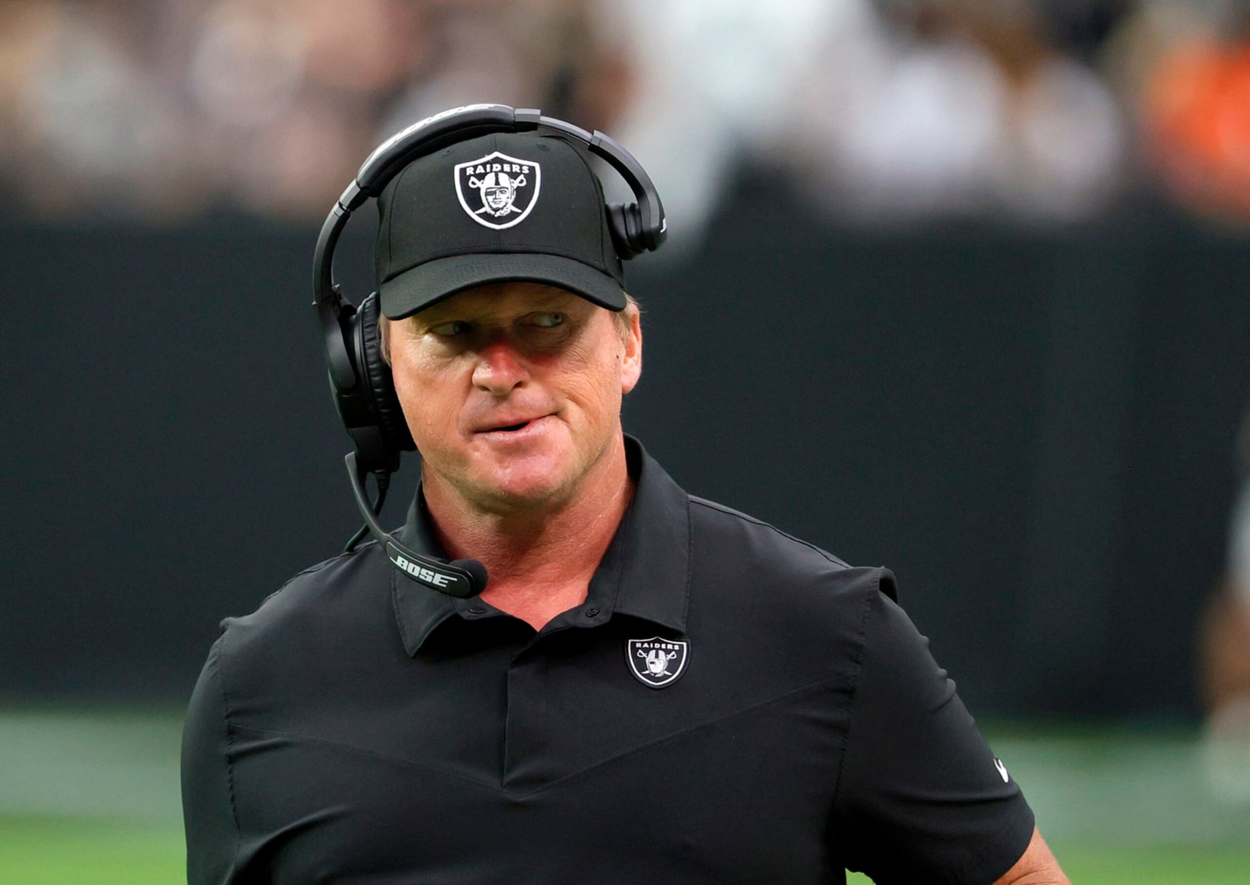 LAS VEGAS, NEVADA - OCTOBER 10:  Head coach Jon Gruden of the Las Vegas Raiders reacts during a game against the Chicago Bears at Allegiant Stadium on October 10, 2021 in Las Vegas, Nevada. The Bears defeated the Raiders 20-9.  (Photo by Ethan Miller/Getty Images)