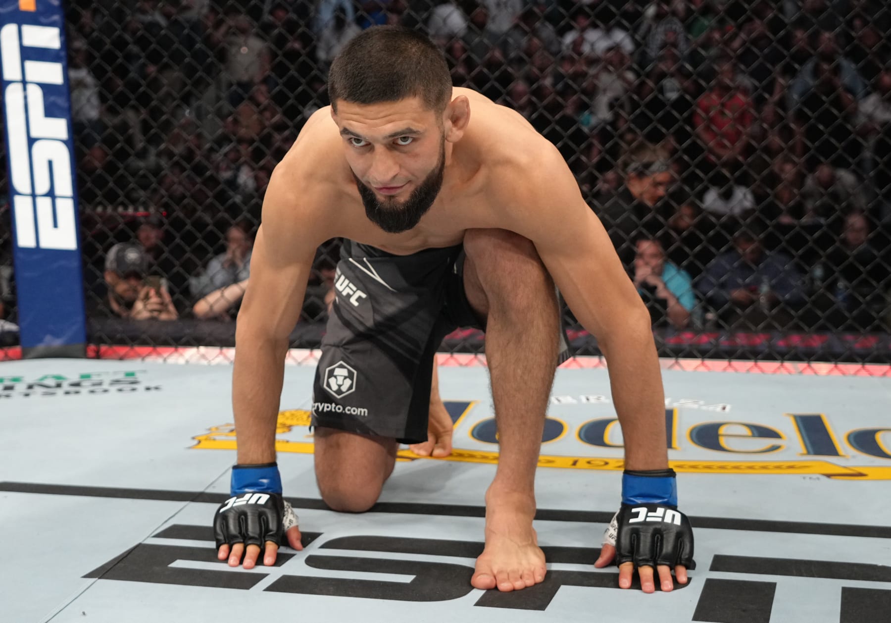 JACKSONVILLE, FLORIDA - APRIL 09: Khamzat Chimaev of Russia prepares to fight Gilbert Burns of Brazil in their welterweight fight during the UFC 273 event at VyStar Veterans Memorial Arena on April 09, 2022 in Jacksonville, Florida. (Photo by Jeff Bottari/Zuffa LLC)