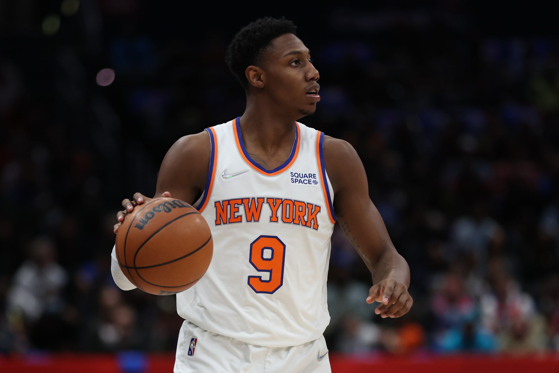 WASHINGTON, DC - APRIL 08: RJ Barrett #9 of the New York Knicks in action against the Washington Wizards during the first half at Capital One Arena on April 08, 2022 in Washington, DC. NOTE TO USER: User expressly acknowledges and agrees that, by downloading and or using this photograph, User is consenting to the terms and conditions of the Getty Images License Agreement. (Photo by Patrick Smith/Getty Images)