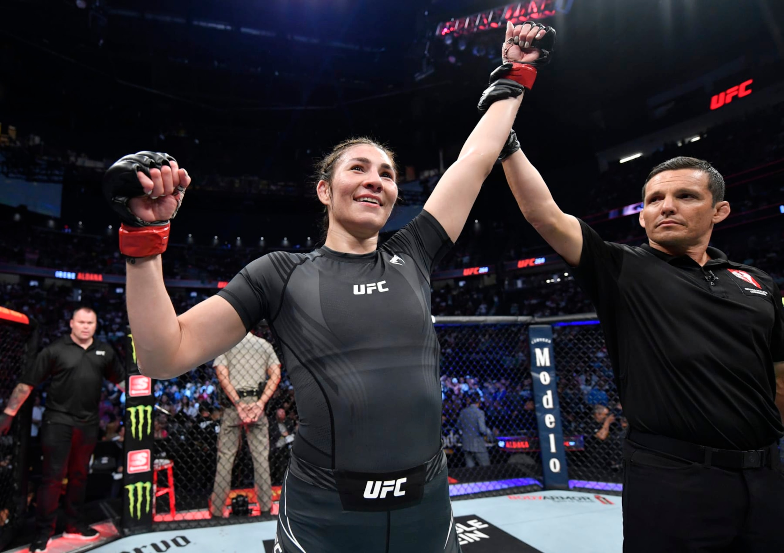 LAS VEGAS, NEVADA - JULY 10: Irene Aldana of Mexico reacts after her TKO victory over Yana Kunitskaya of Russia in their bantamweight fight during the UFC 264 event at T-Mobile Arena on July 10, 2021 in Las Vegas, Nevada. (Photo by Jeff Bottari/Zuffa LLC)
