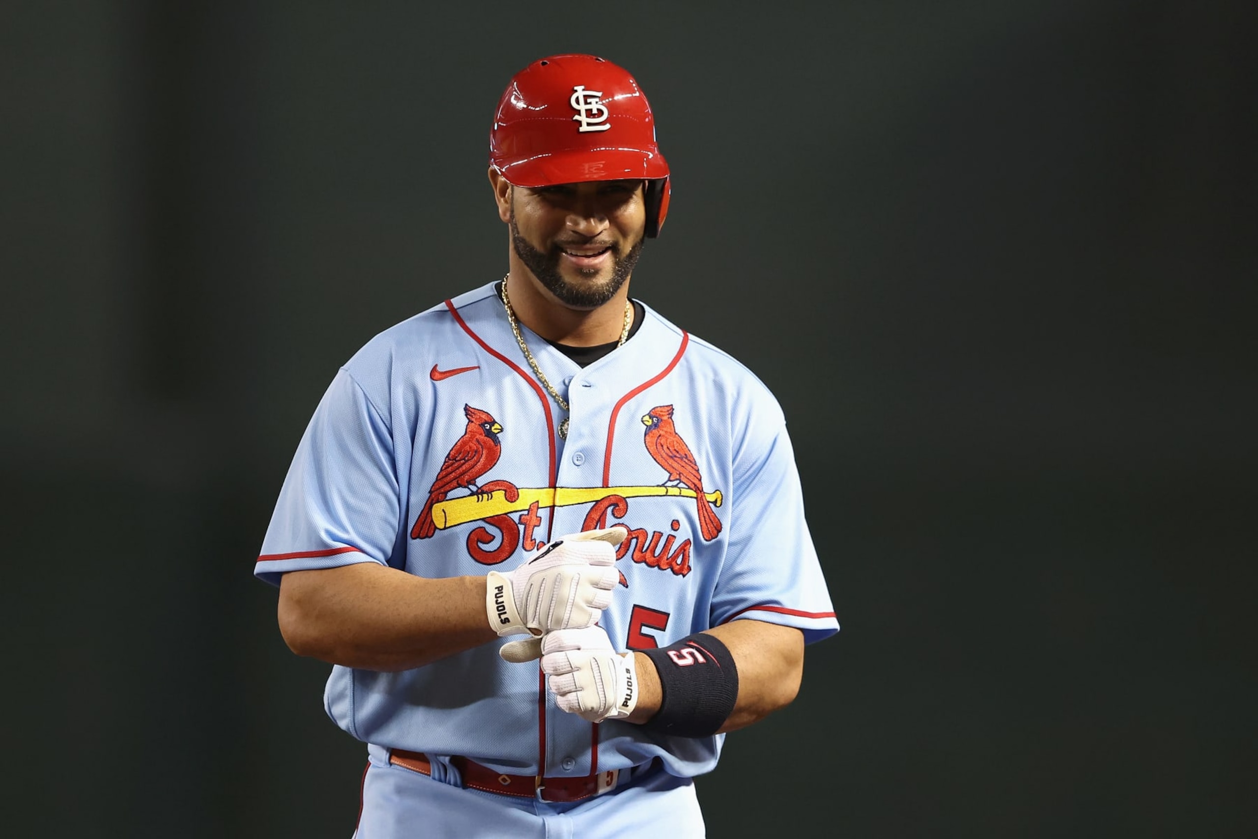 PHOENIX, ARIZONA - AUGUST 20: Albert Pujols #5 of the St. Louis Cardinals reacts after a single against the Arizona Diamondbacks during the sixth inning of the MLB game at Chase Field on August 20, 2022 in Phoenix, Arizona.  The Cardinals defeated the Diamondbacks 16-7.  (Photo by Christian Petersen/Getty Images)