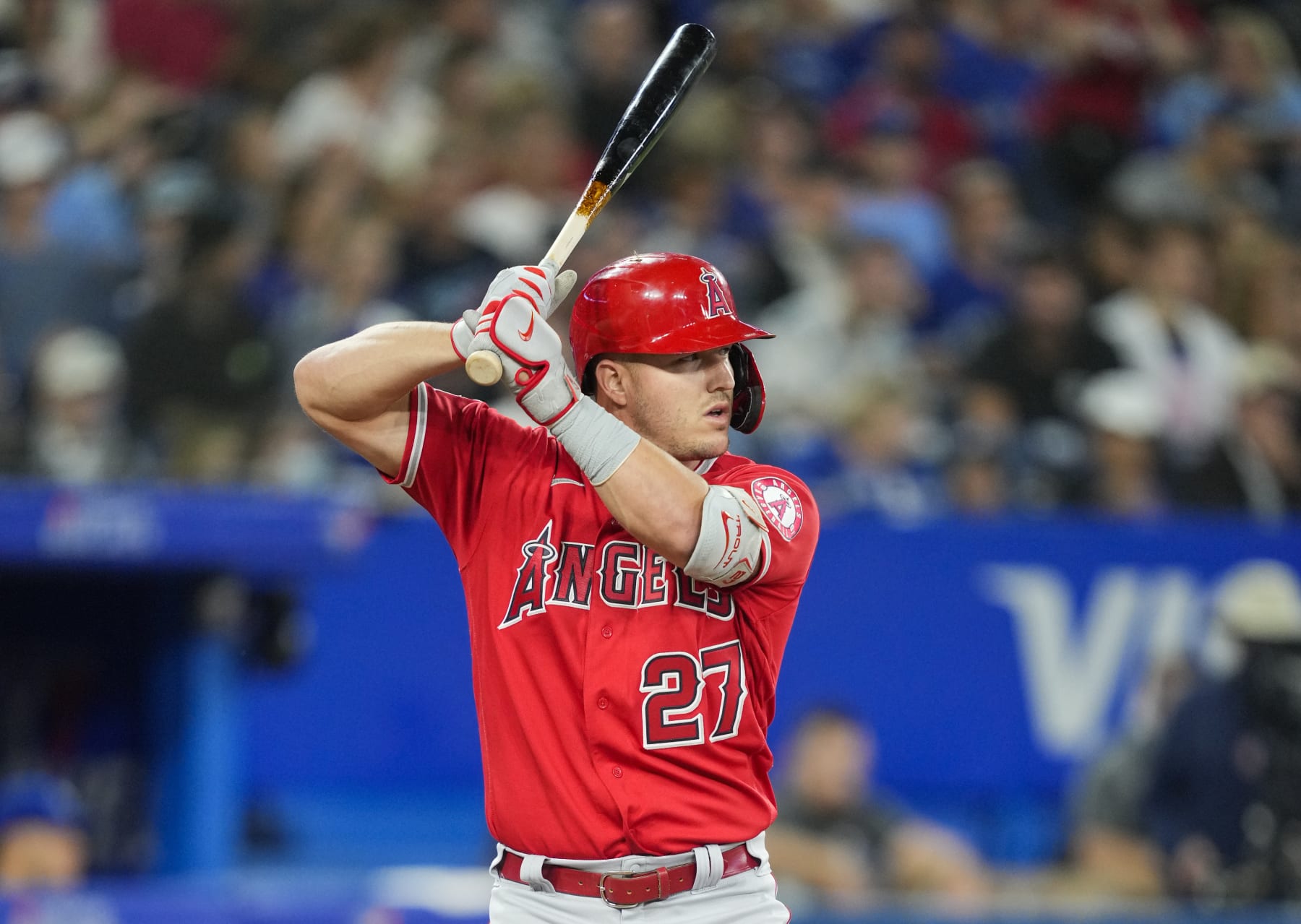 TORONTO, ON - AUGUST 26: Mike Trout #27 of the Los Angeles Angels takes an at bat against the Toronto Blue Jays in the sixth inning during their MLB game at the Rogers Centre on August 26, 2022 in Toronto, Ontario, Canada. (Photo by Mark Blinch/Getty Images)