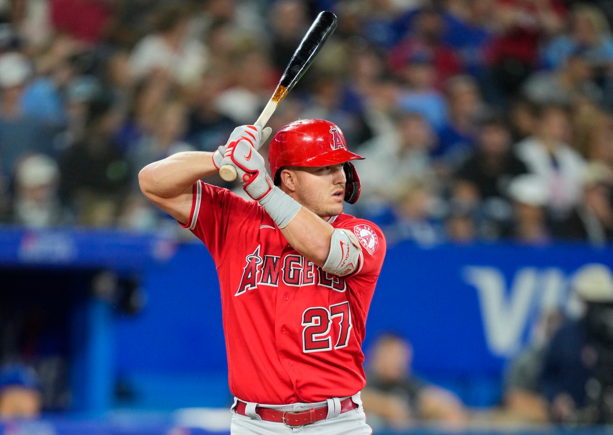 TORONTO, ON - AUGUST 26: Mike Trout #27 of the Los Angeles Angels takes an at bat against the Toronto Blue Jays in the sixth inning during their MLB game at the Rogers Centre on August 26, 2022 in Toronto, Ontario, Canada. (Photo by Mark Blinch/Getty Images)