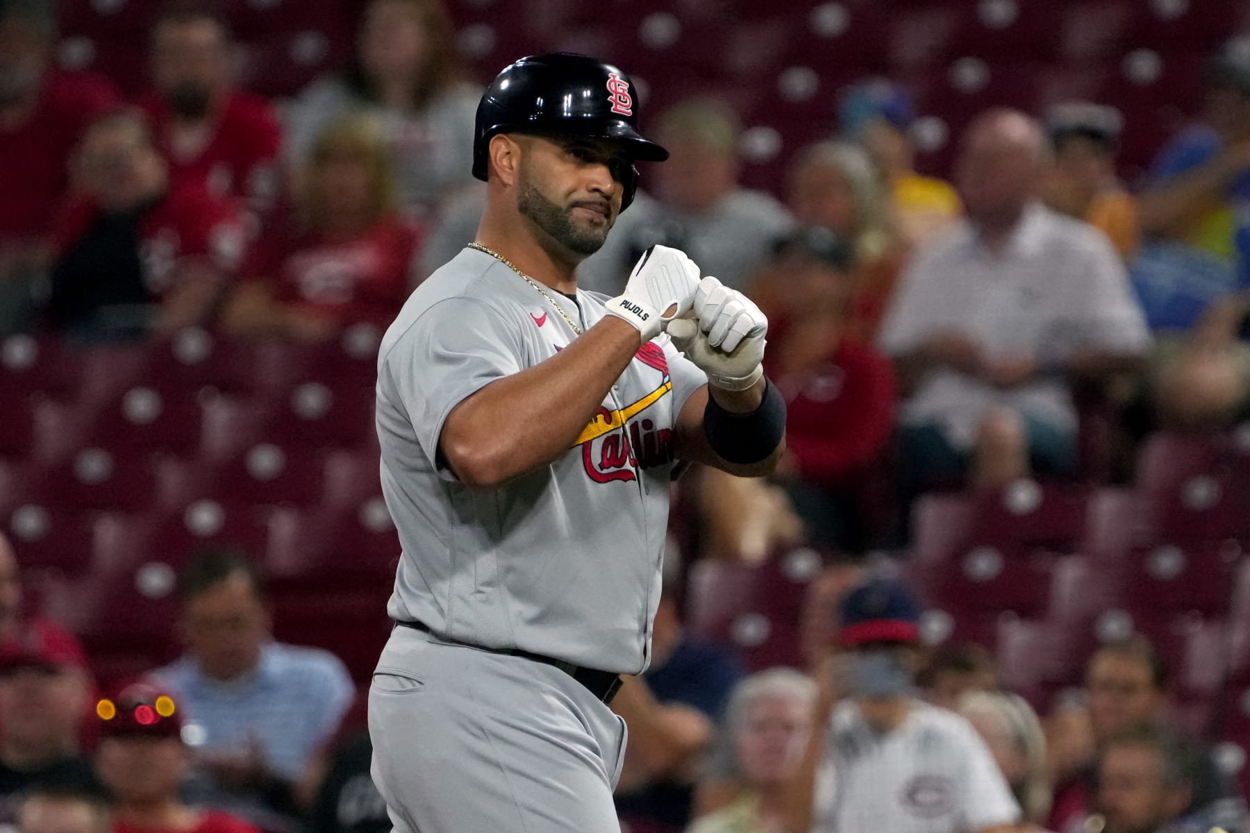 CINCINNATI, OHIO - AUGUST 29: Albert Pujols #5 of the St. Louis Cardinals celebrates after hitting a single in the second inning against the Cincinnati Reds at Great American Ball Park on August 29, 2022 in Cincinnati, Ohio. (Photo by Dylan Buell/Getty Images)